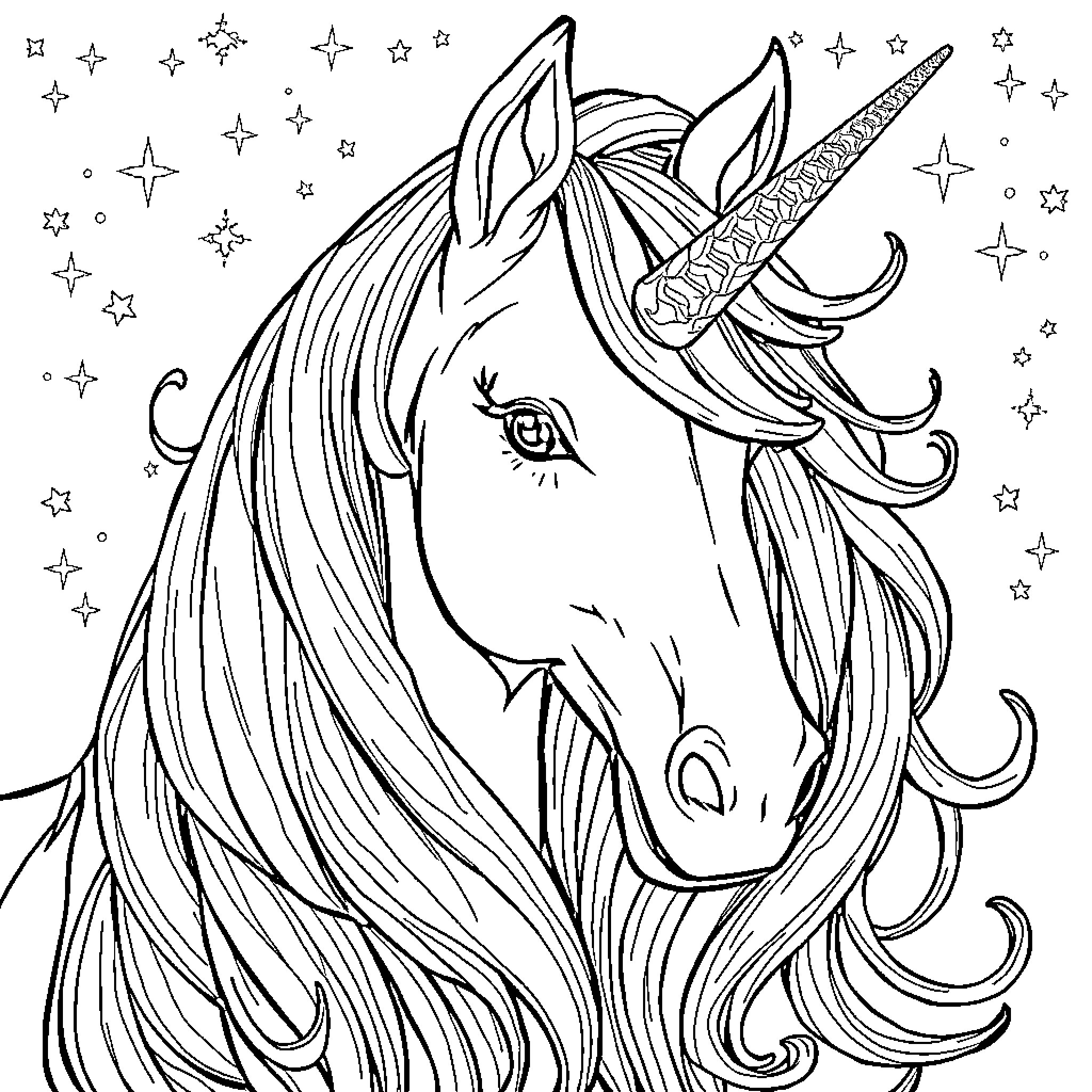 Rapunzel's Magical Unicorn Encounter in the Starry Night Coloring Page (free black-and-white line drawing printable PDF for all, from beginners to advanced learners, including children, teens, adults, and seniors)