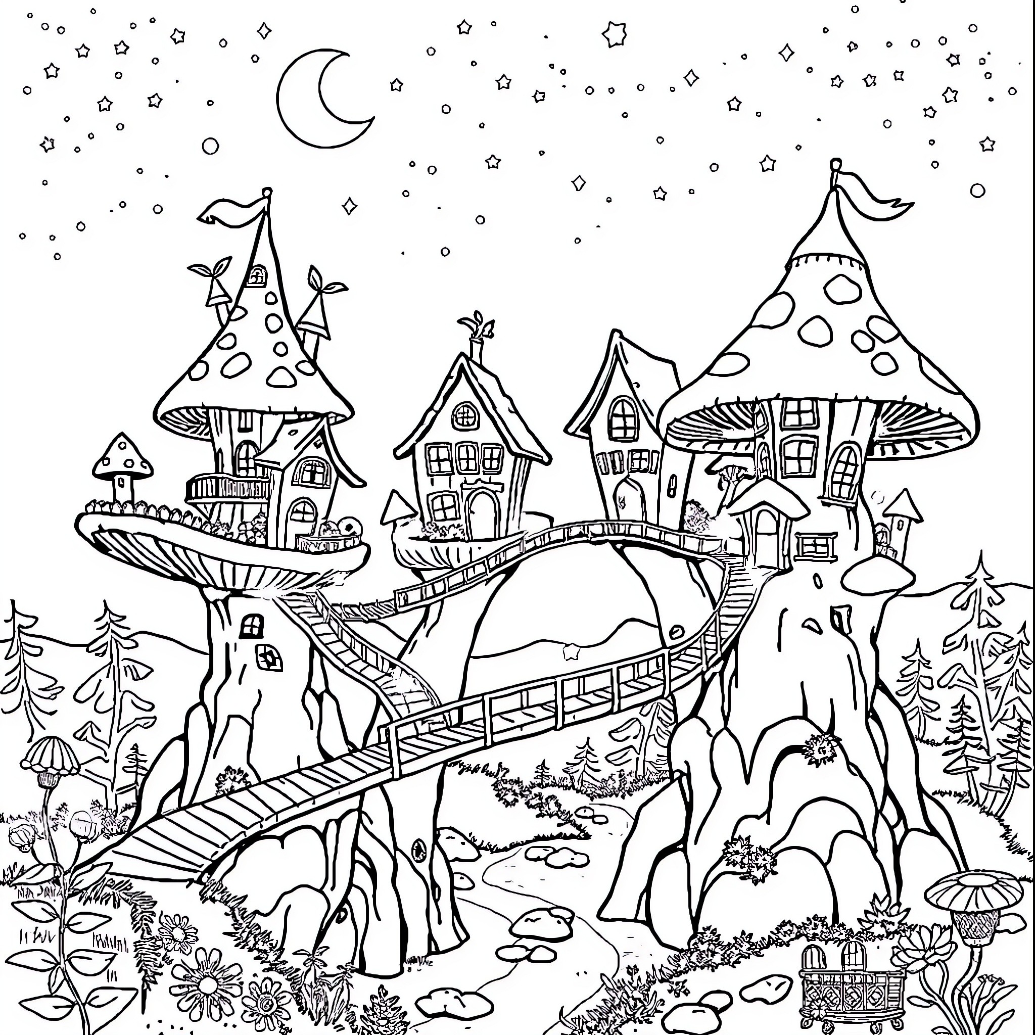 House in a magical fantasy landscape with whimsical elements Coloring Page (free black-and-white line drawing printable PDF for all, from beginners to advanced learners, including children, teens, adults, and seniors)