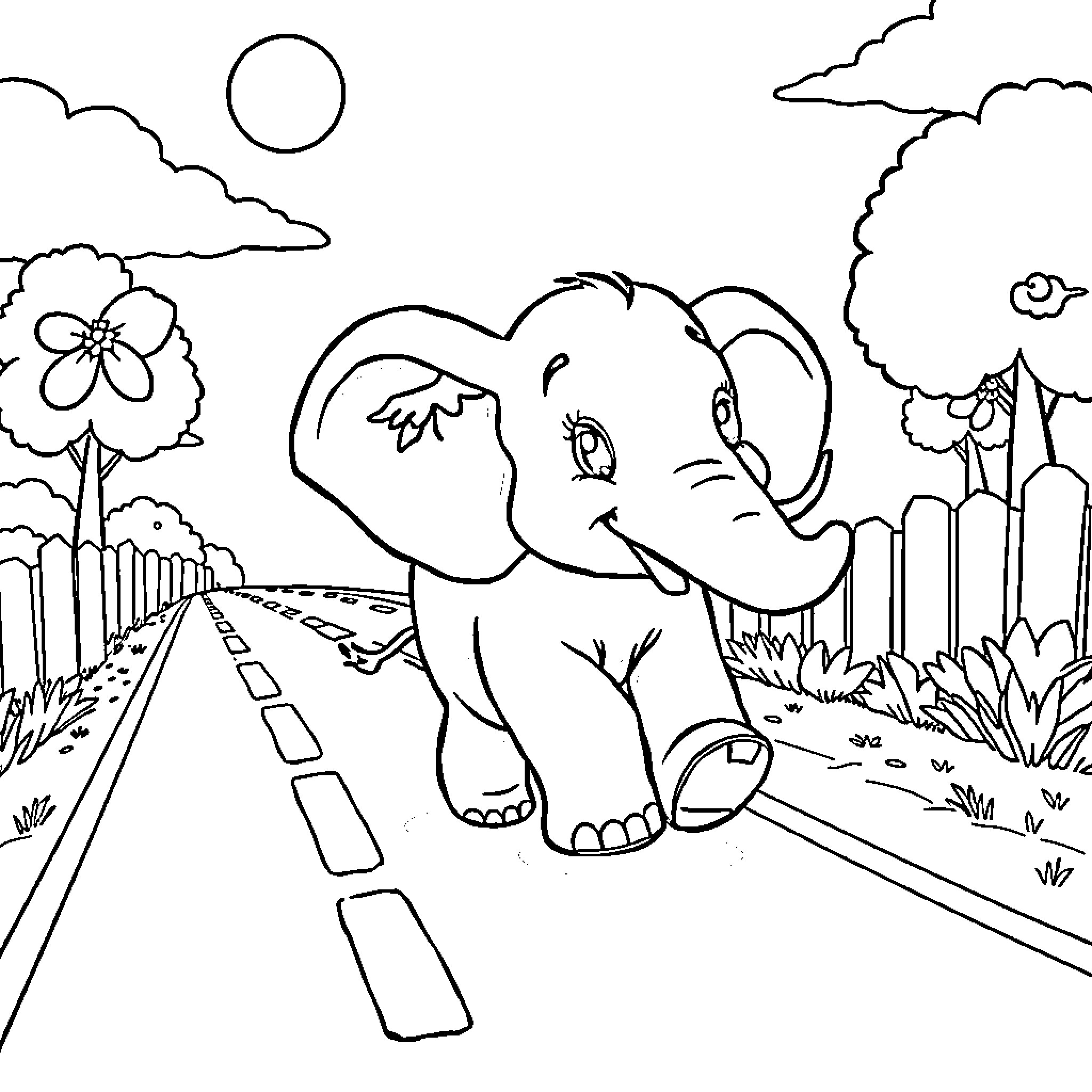 Elephant Exploring the Scenic Countryside Coloring Page (free black-and-white line drawing printable PDF for all, from beginners to advanced learners, including children, teens, adults, and seniors)