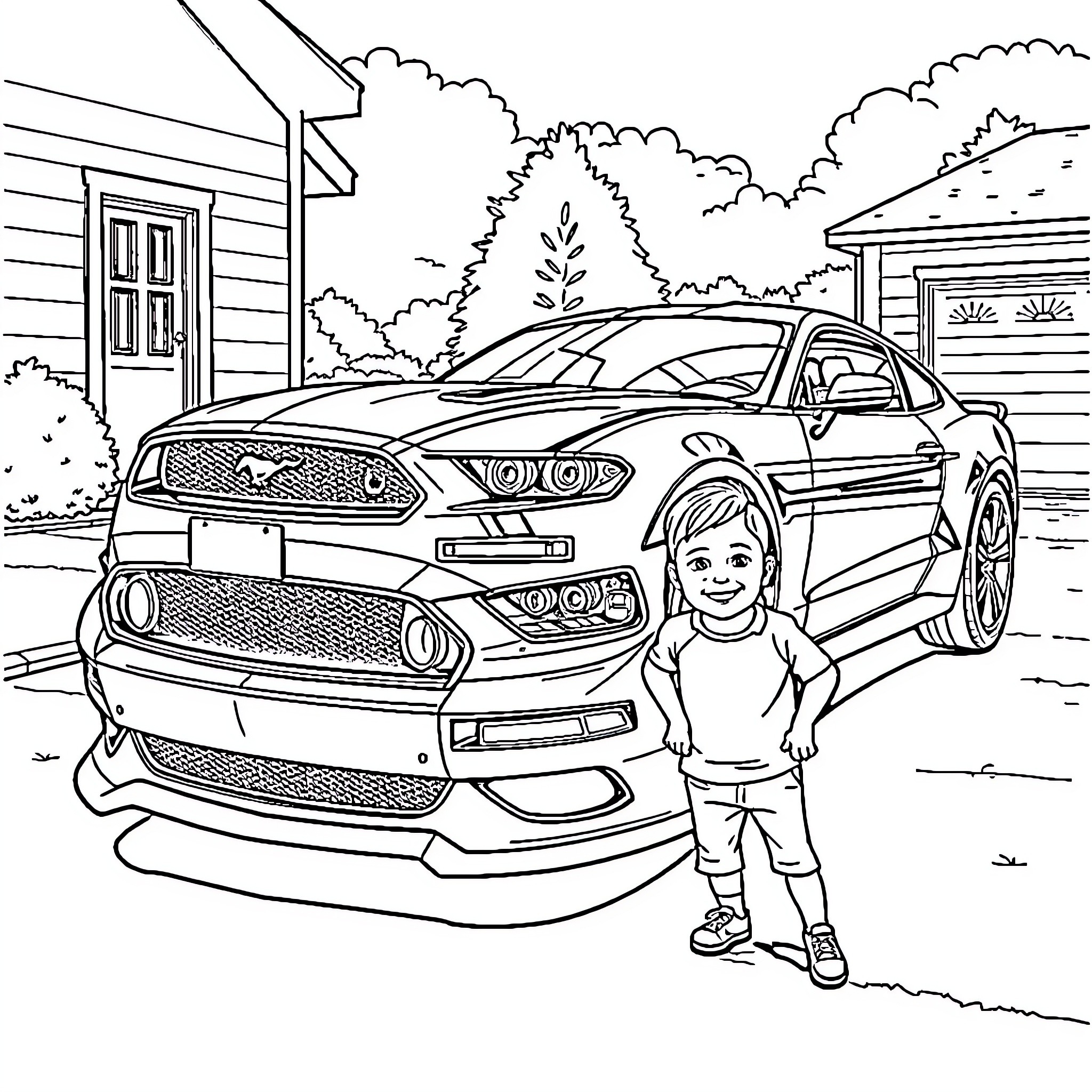 Mustang car with smiling child in front yard Coloring Page (free black-and-white line drawing printable PDF for all, from beginners to advanced learners, including children, teens, adults, and seniors)