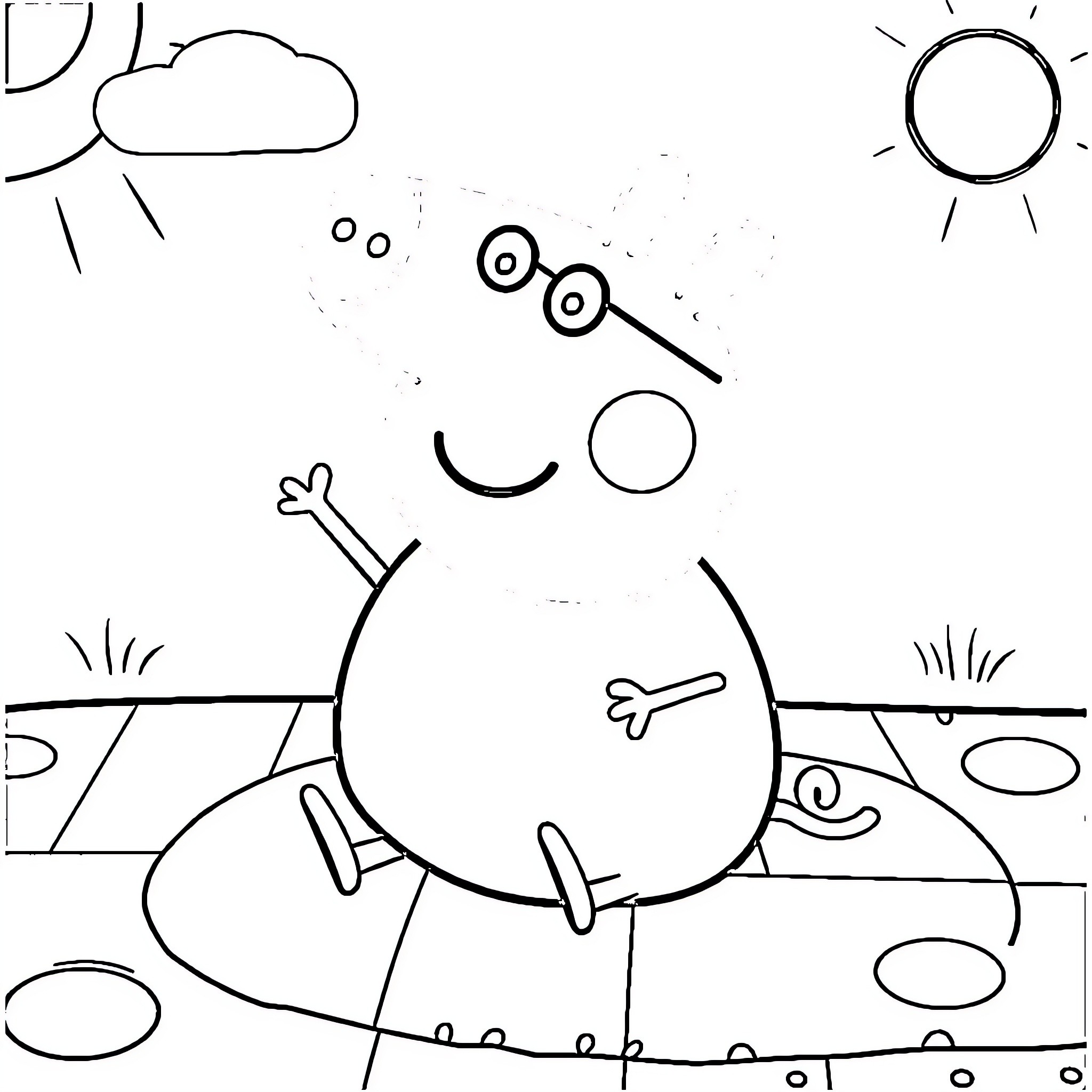 Peppa Pig playing in the outdoors Coloring Page (free black-and-white line drawing printable PDF for all, from beginners to advanced learners, including children, teens, adults, and seniors)