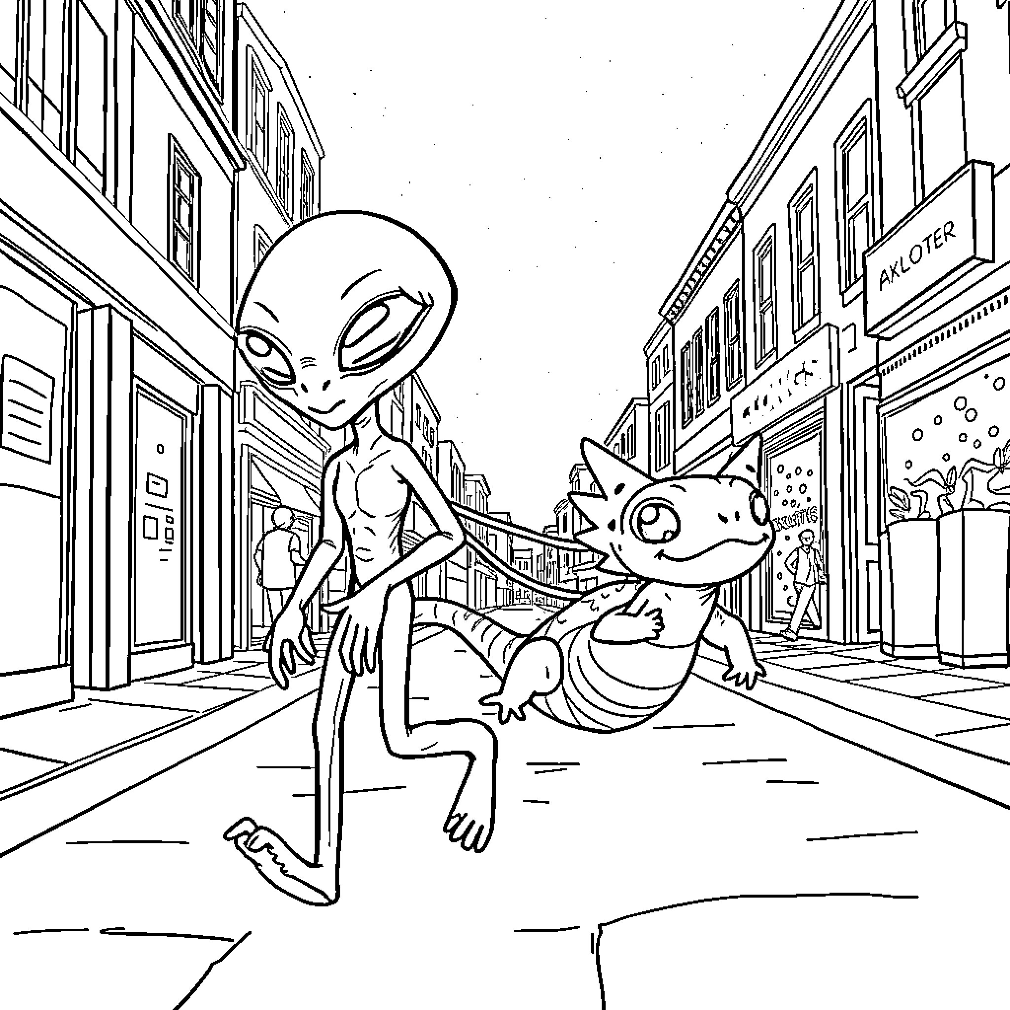 Alien exploring the city with a strange creature Coloring Page (free black-and-white line drawing printable PDF for all, from beginners to advanced learners, including children, teens, adults, and seniors)