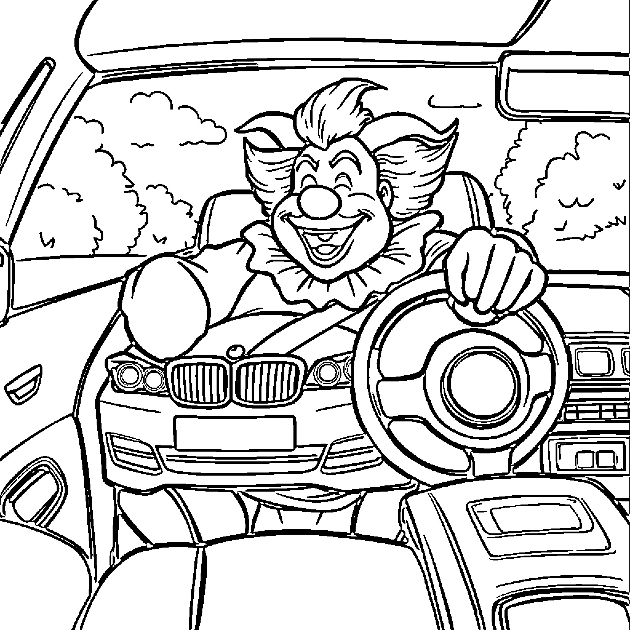 Clown joyfully driving a car Coloring Page (free black-and-white line drawing printable PDF for all, from beginners to advanced learners, including children, teens, adults, and seniors)