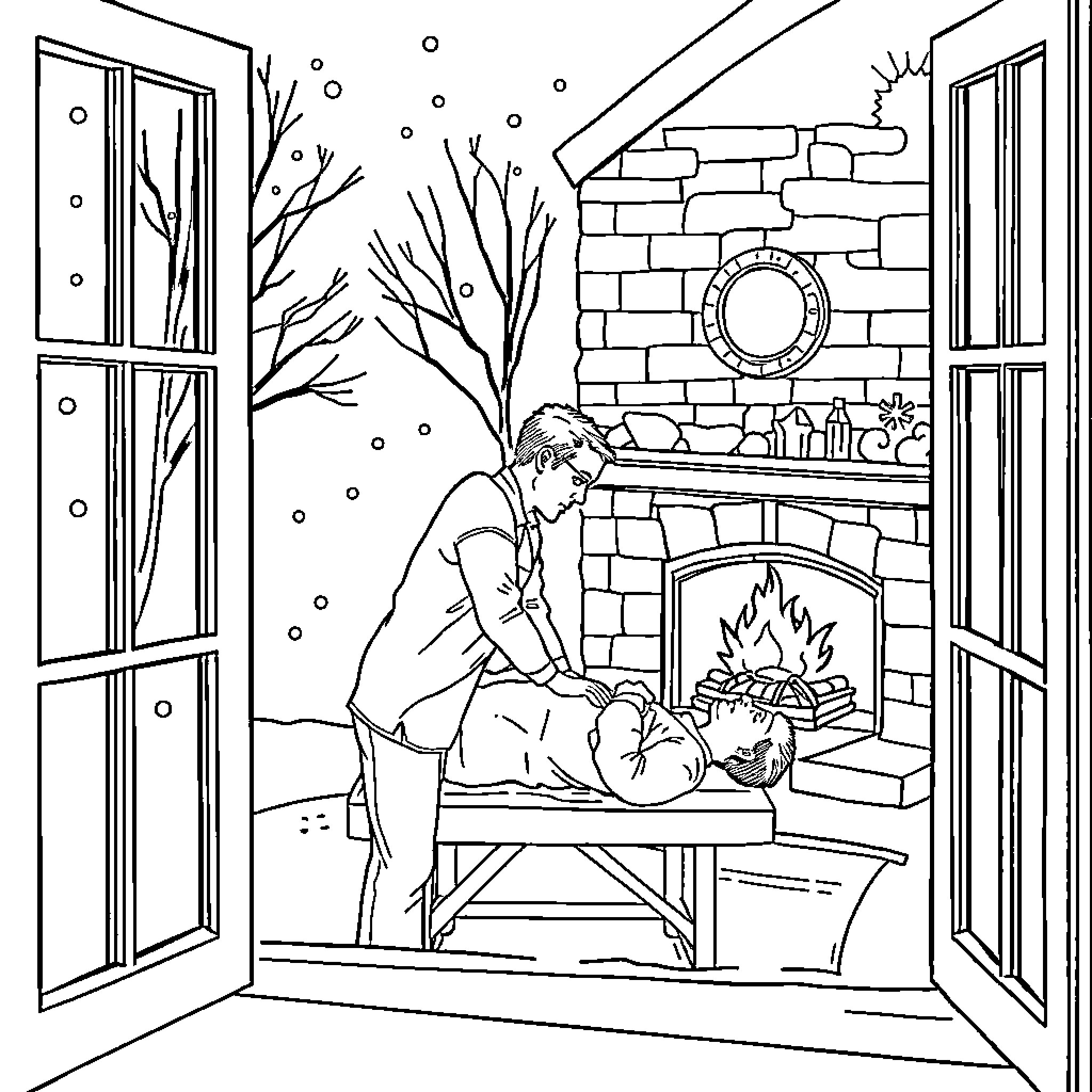 Chiropractor providing treatment in cozy winter setting Coloring Page (free black-and-white line drawing printable PDF for all, from beginners to advanced learners, including children, teens, adults, and seniors)