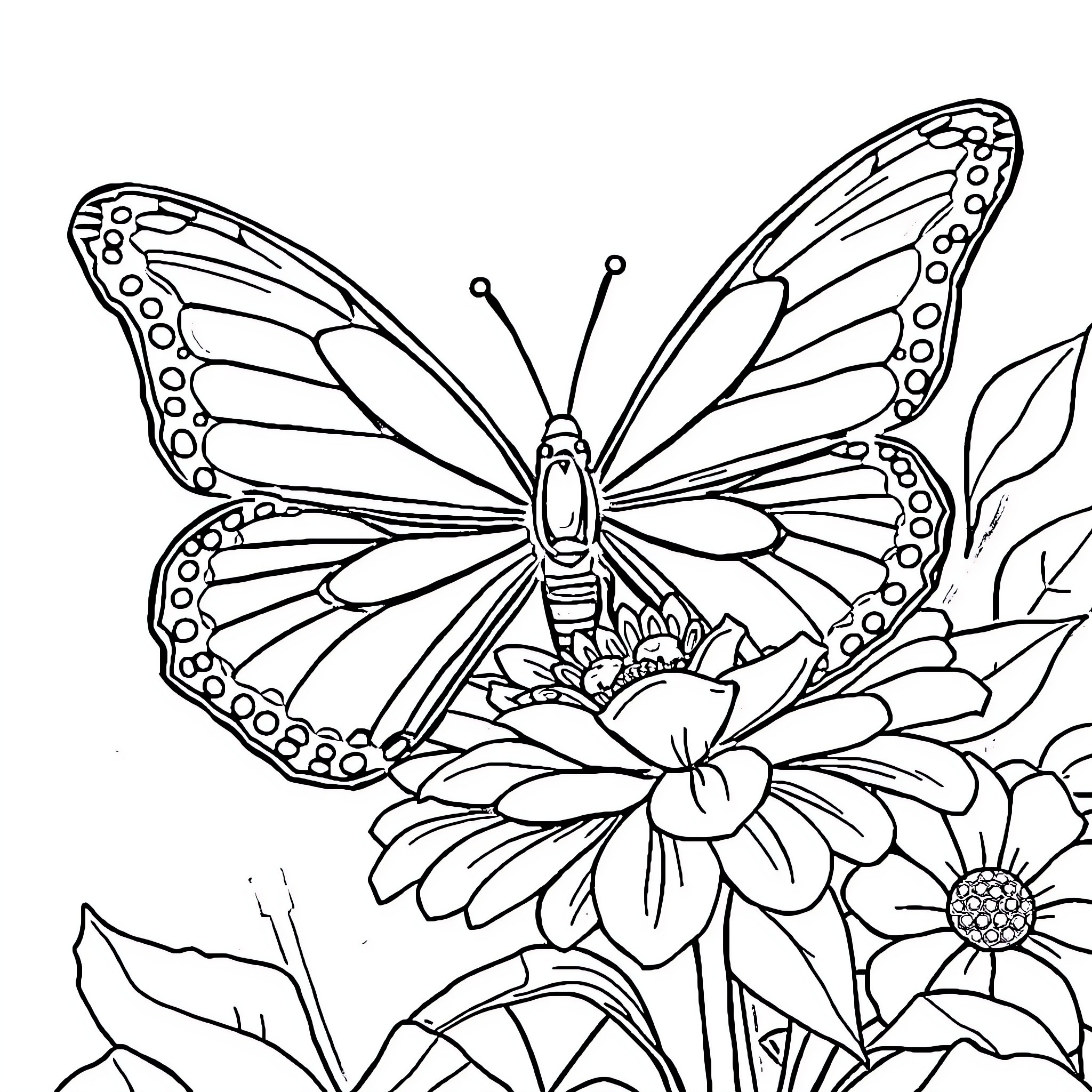 Butterfly Resting on Vibrant Flowers Coloring Page (free black-and-white line drawing printable PDF for all, from beginners to advanced learners, including children, teens, adults, and seniors)