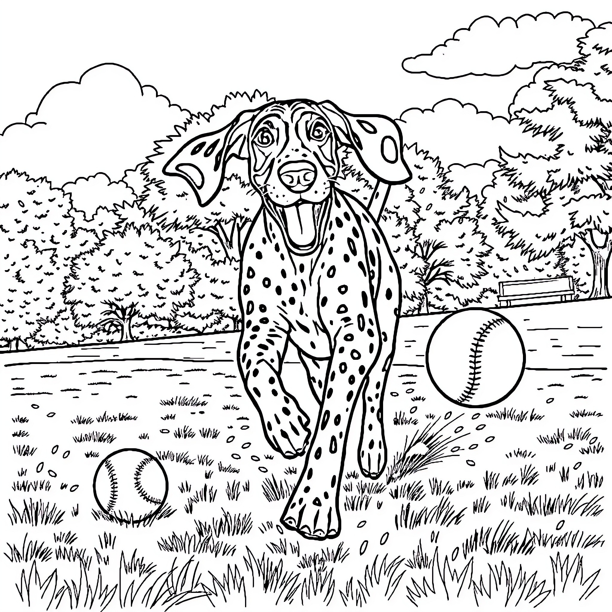 Pointer Dog Playing with Baseballs in Park Coloring Page (free black-and-white line drawing printable PDF for all, from beginners to advanced learners, including children, teens, adults, and seniors)