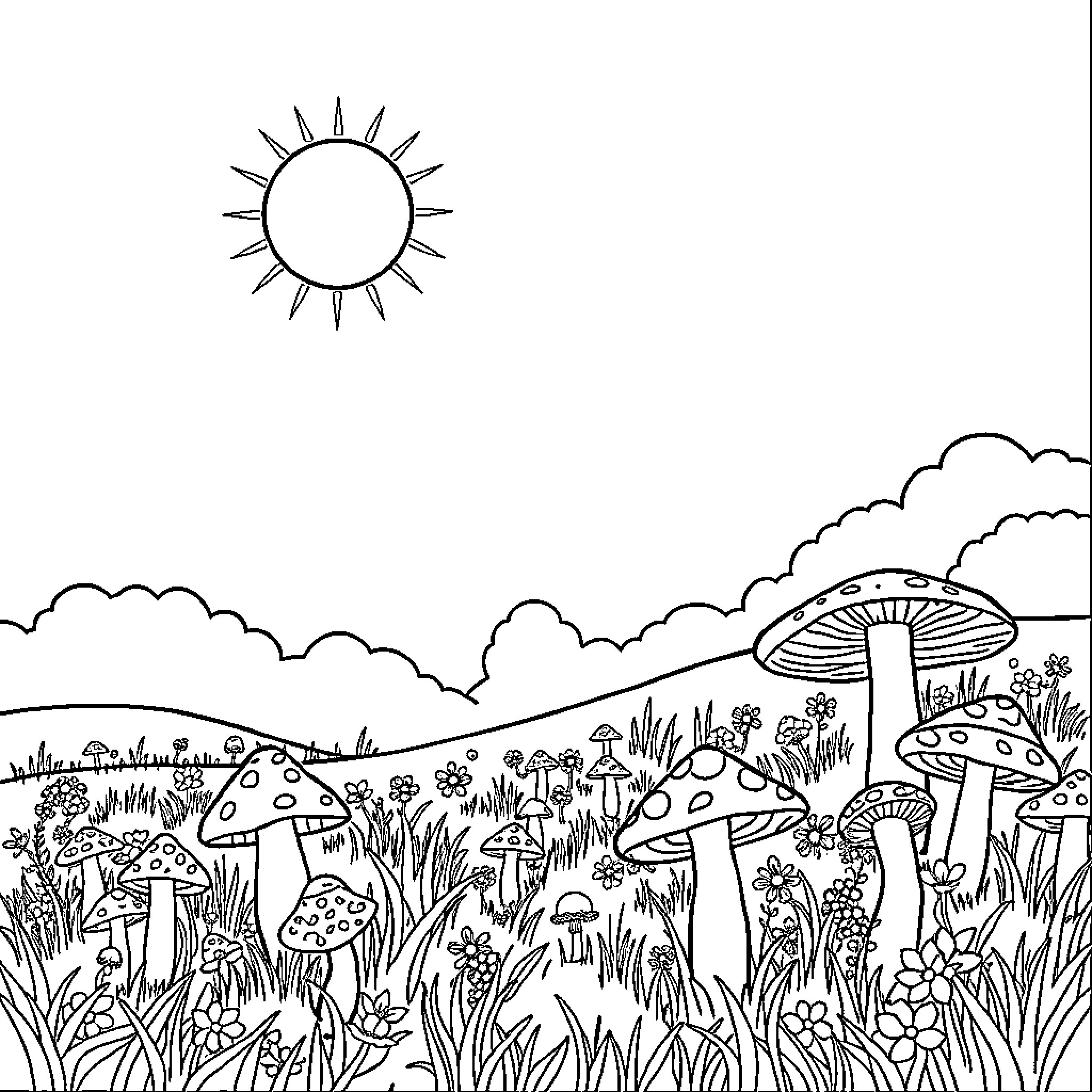 Sun and Moon over Whimsical Mushroom Garden Coloring Page (free black-and-white line drawing printable PDF for all, from beginners to advanced learners, including children, teens, adults, and seniors)