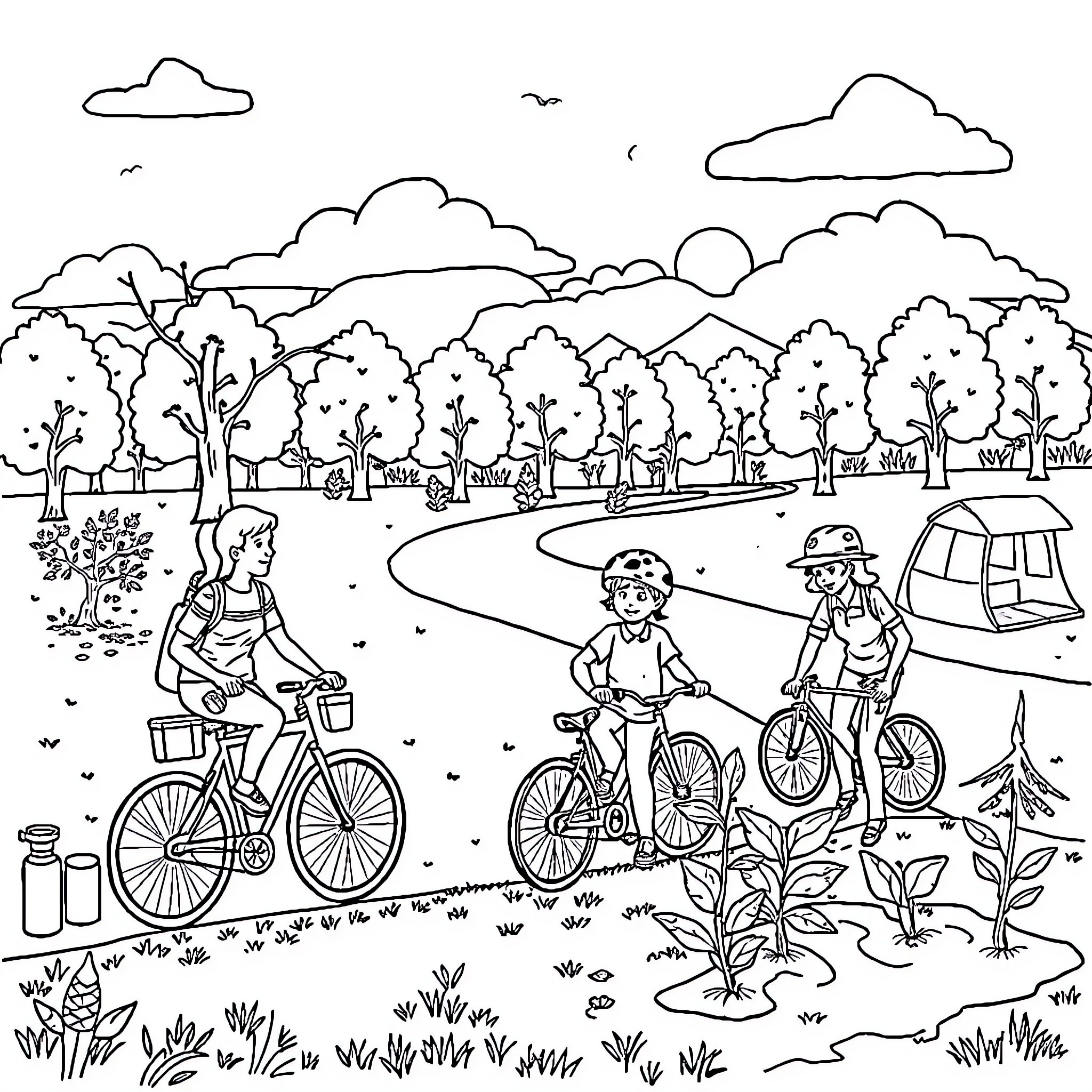 Recycling Outdoors: Bicycling, Planting, and Exploring Coloring Page (free black-and-white line drawing printable PDF for all, from beginners to advanced learners, including children, teens, adults, and seniors)
