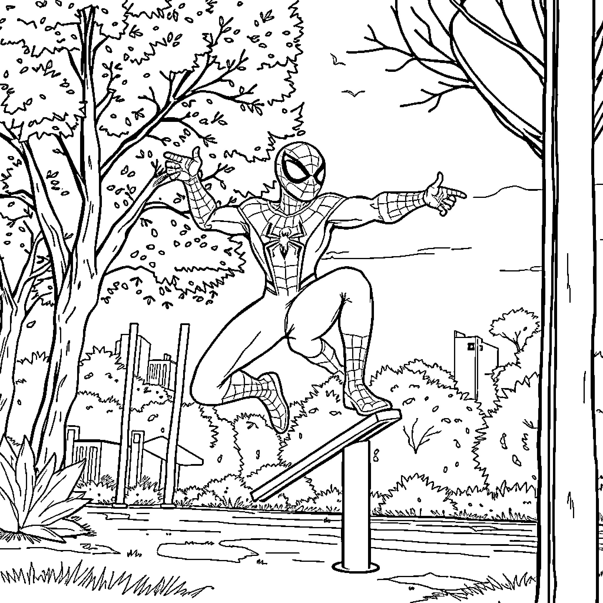 Spiderman swinging through the city park Coloring Page (free black-and-white line drawing printable PDF for all, from beginners to advanced learners, including children, teens, adults, and seniors)