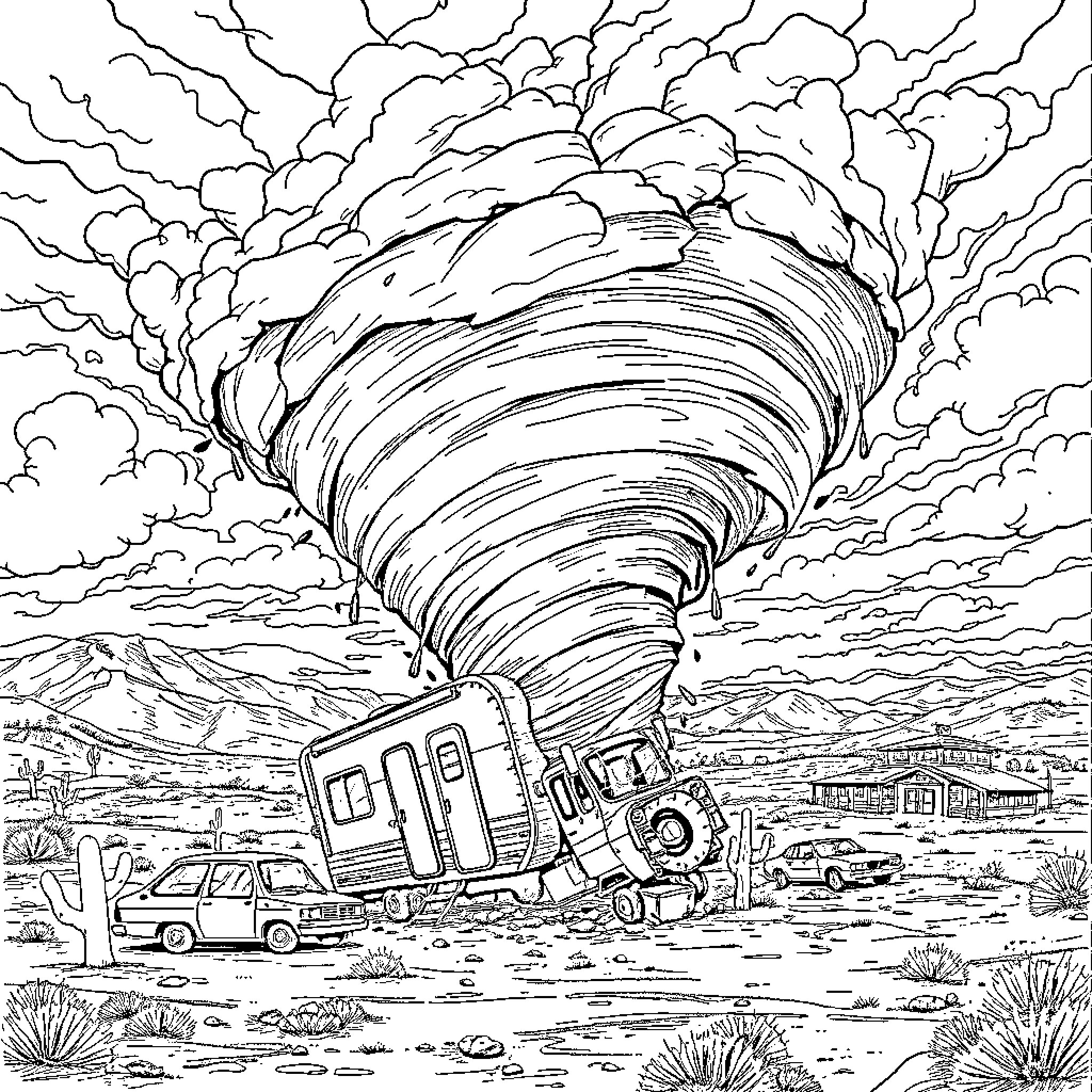 Tornado rips through trailer park, leaving destruction in its wake Coloring Page (free black-and-white line drawing printable PDF for all, from beginners to advanced learners, including children, teens, adults, and seniors)