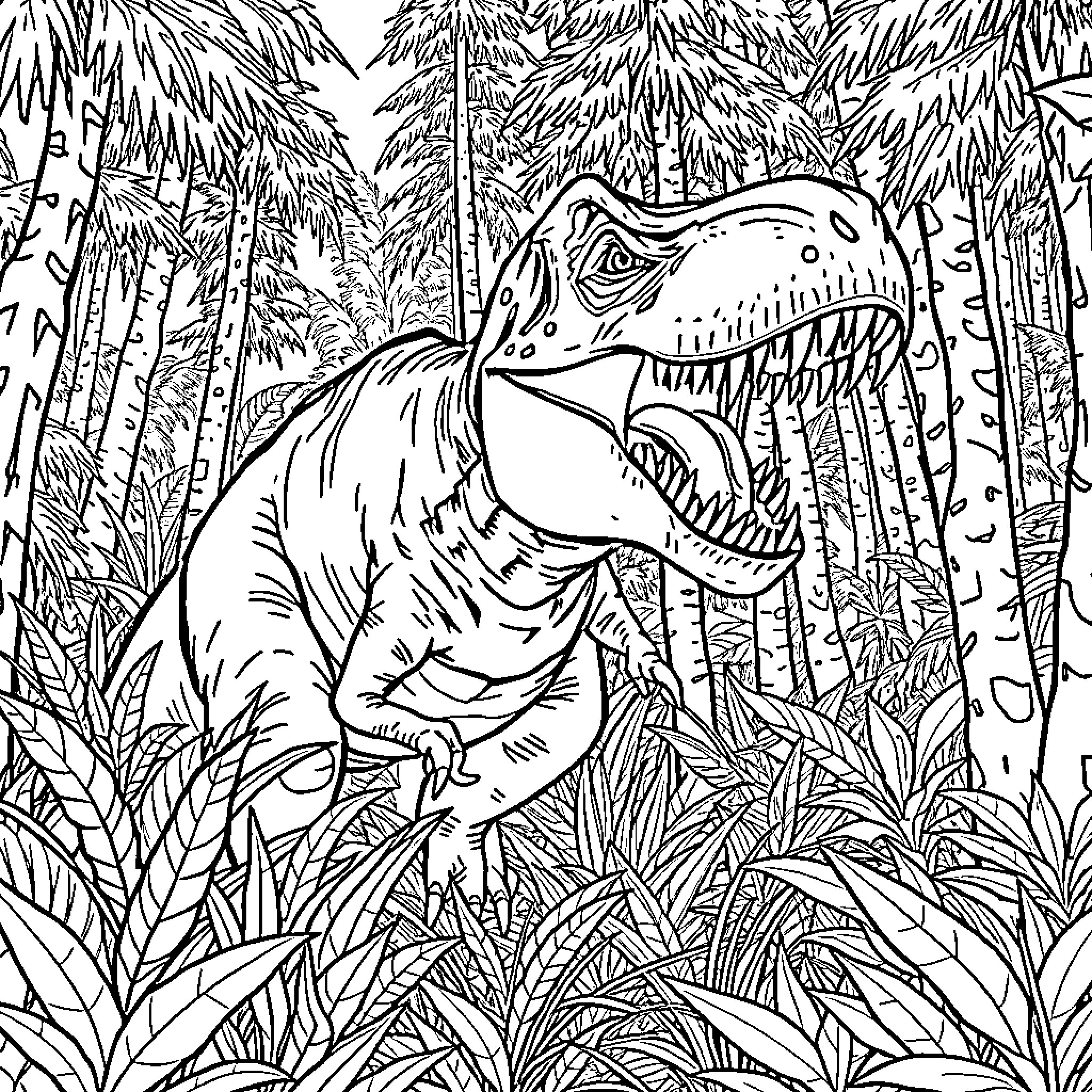 T-Rex Hunting in the Jungle Coloring Page (free black-and-white line drawing printable PDF for all, from beginners to advanced learners, including children, teens, adults, and seniors)