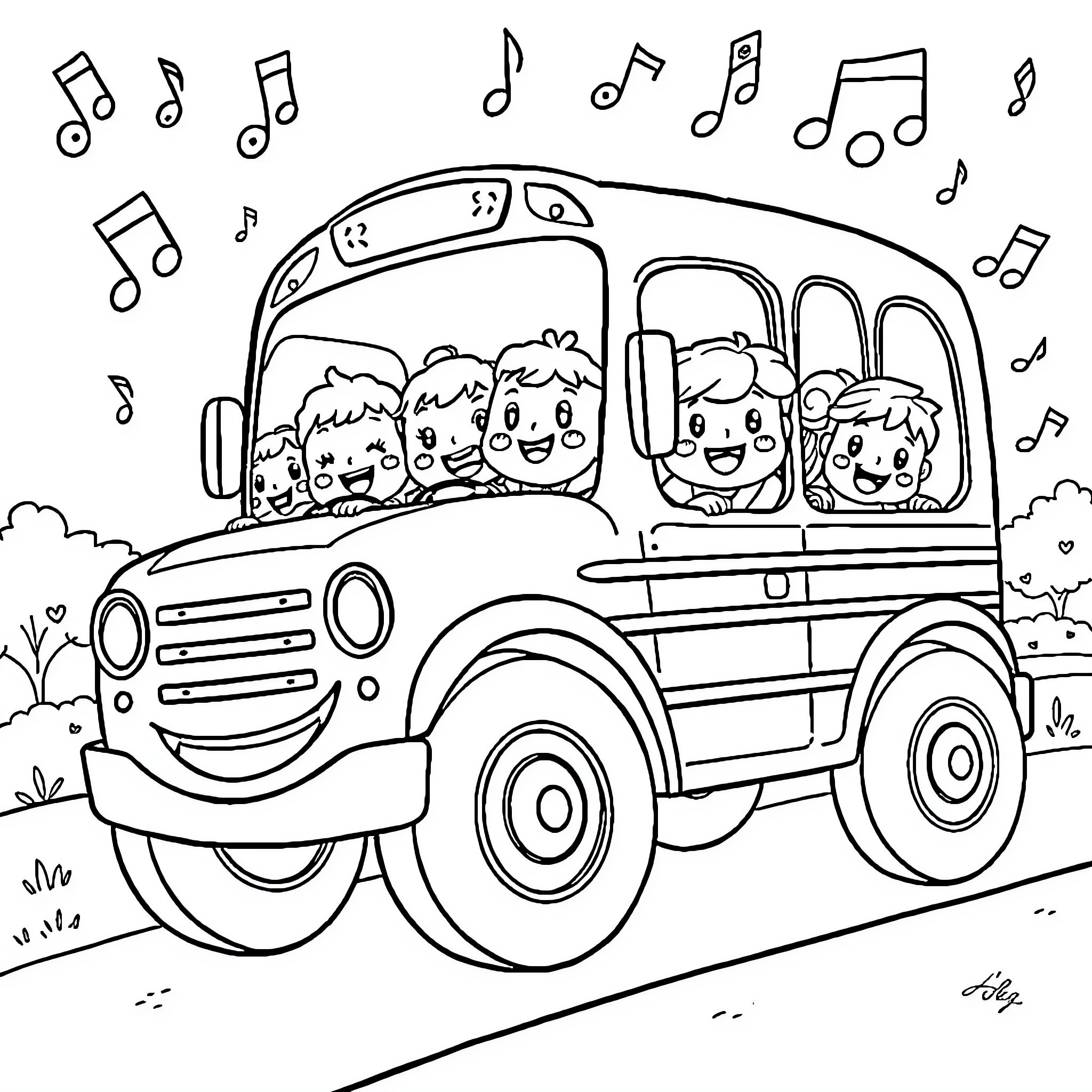 JJ Kids Singing and Riding School Bus Coloring Page (free black-and-white line drawing printable PDF for all, from beginners to advanced learners, including children, teens, adults, and seniors)
