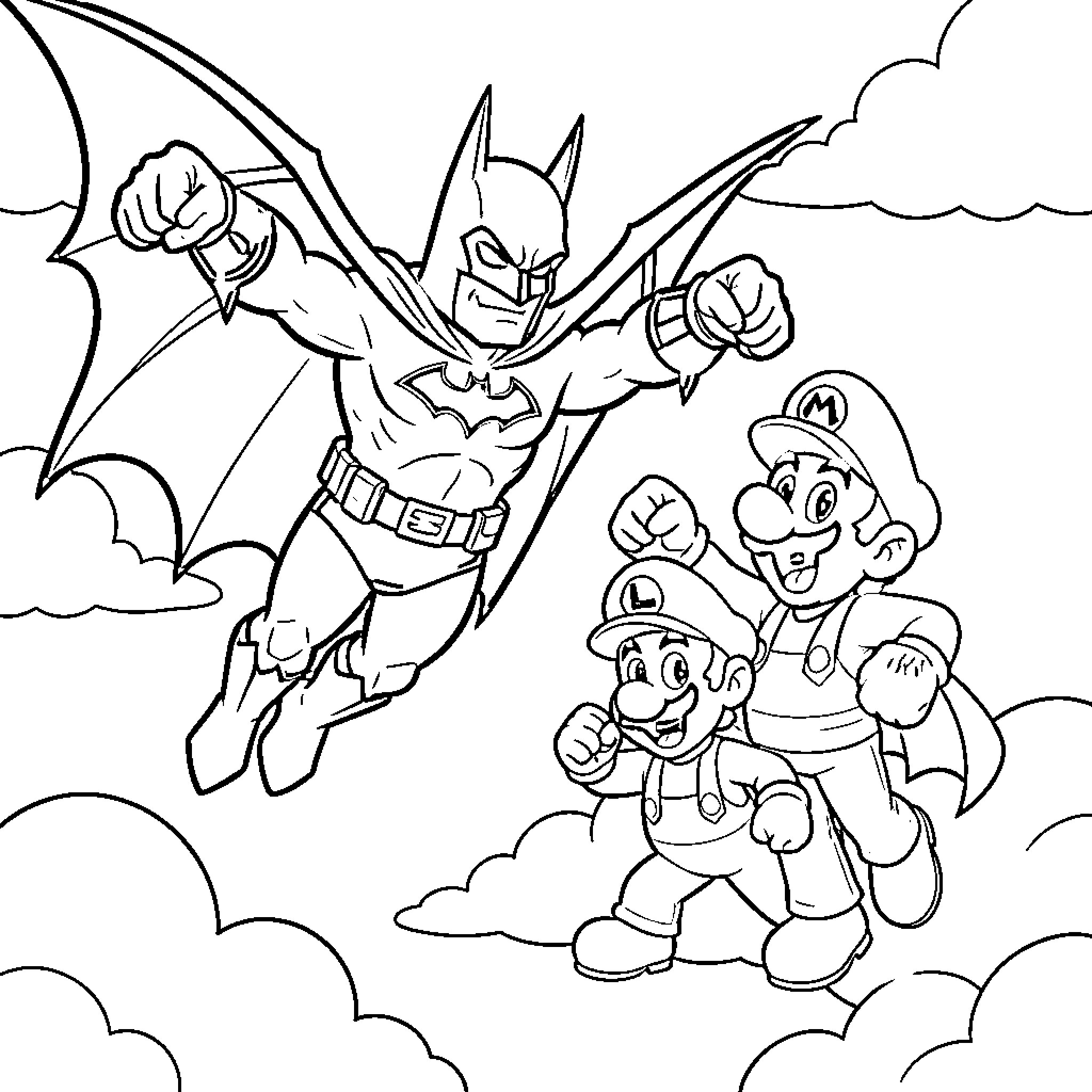Batman battling alongside Super Mario in the sky Coloring Page (free black-and-white line drawing printable PDF for all, from beginners to advanced learners, including children, teens, adults, and seniors)