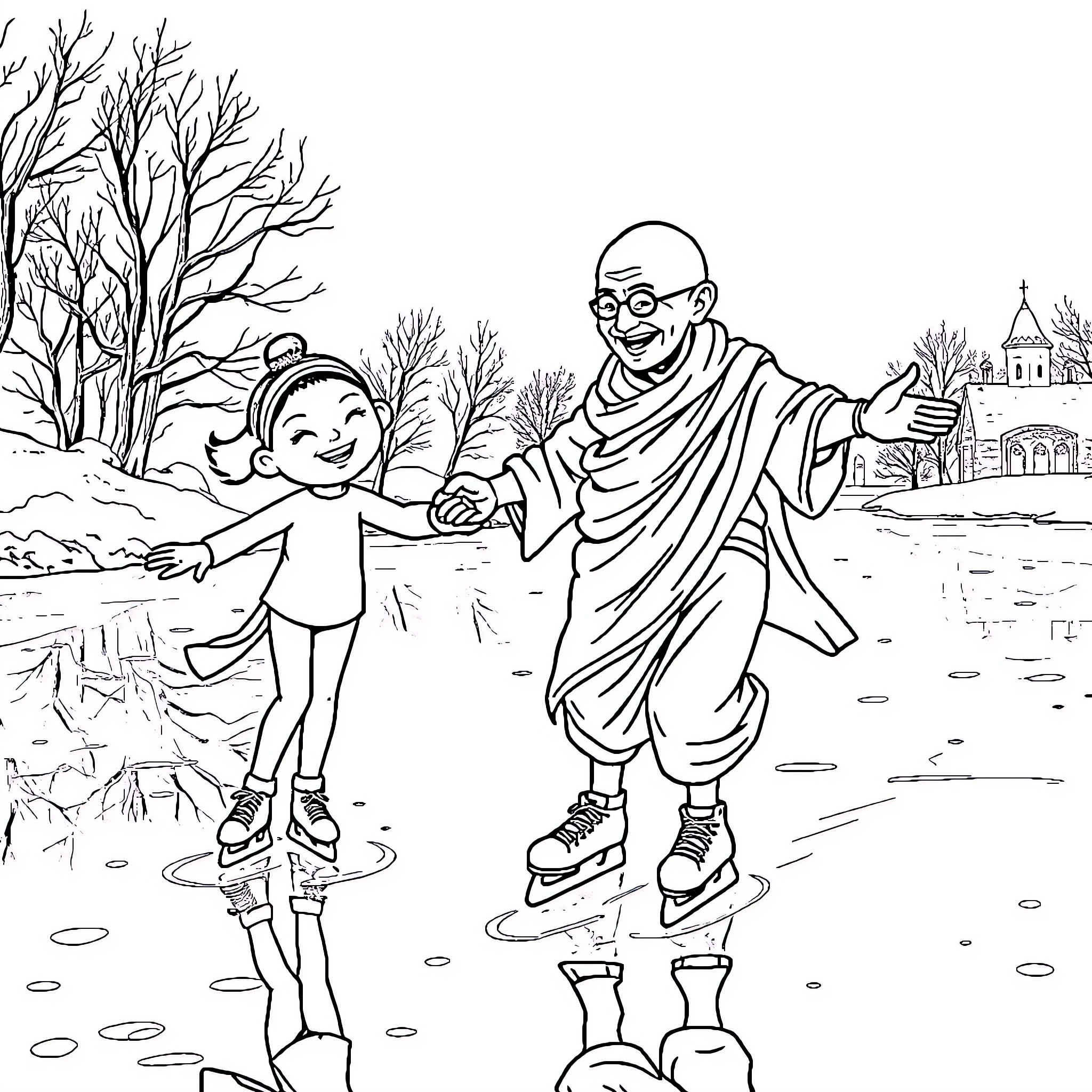 Yu Gi Ho: Elderly man and young boy ice skating in winter wonderland Coloring Page (free black-and-white line drawing printable PDF for all, from beginners to advanced learners, including children, teens, adults, and seniors)