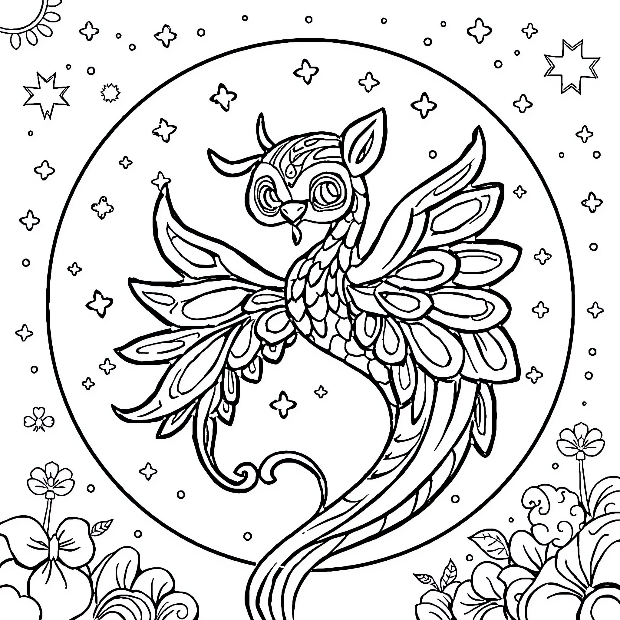 Magic Owl Soaring in Starry Night Coloring Page (free black-and-white line drawing printable PDF for all, from beginners to advanced learners, including children, teens, adults, and seniors)