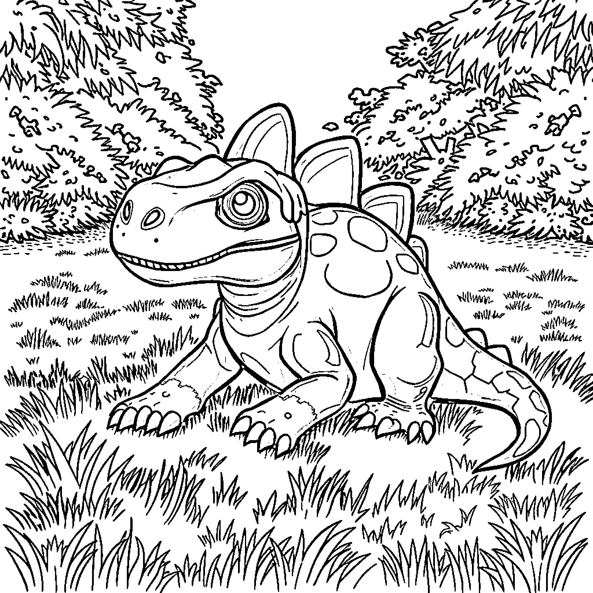 Dino exploring the forest Coloring Page (free black-and-white line drawing printable PDF for all, from beginners to advanced learners, including children, teens, adults, and seniors)
