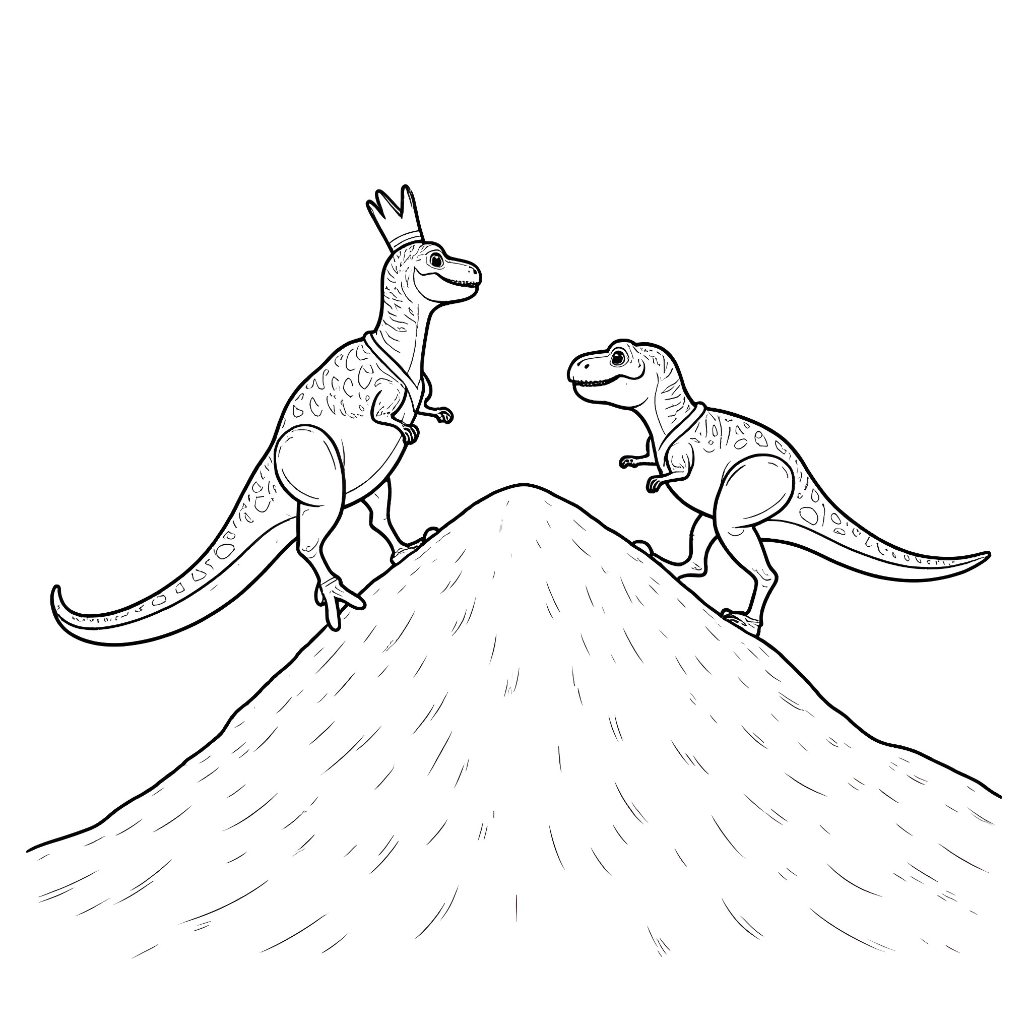 Dinosaurs playfully exploring rugged terrain Coloring Page (free black-and-white line drawing printable PDF for all, from beginners to advanced learners, including children, teens, adults, and seniors)