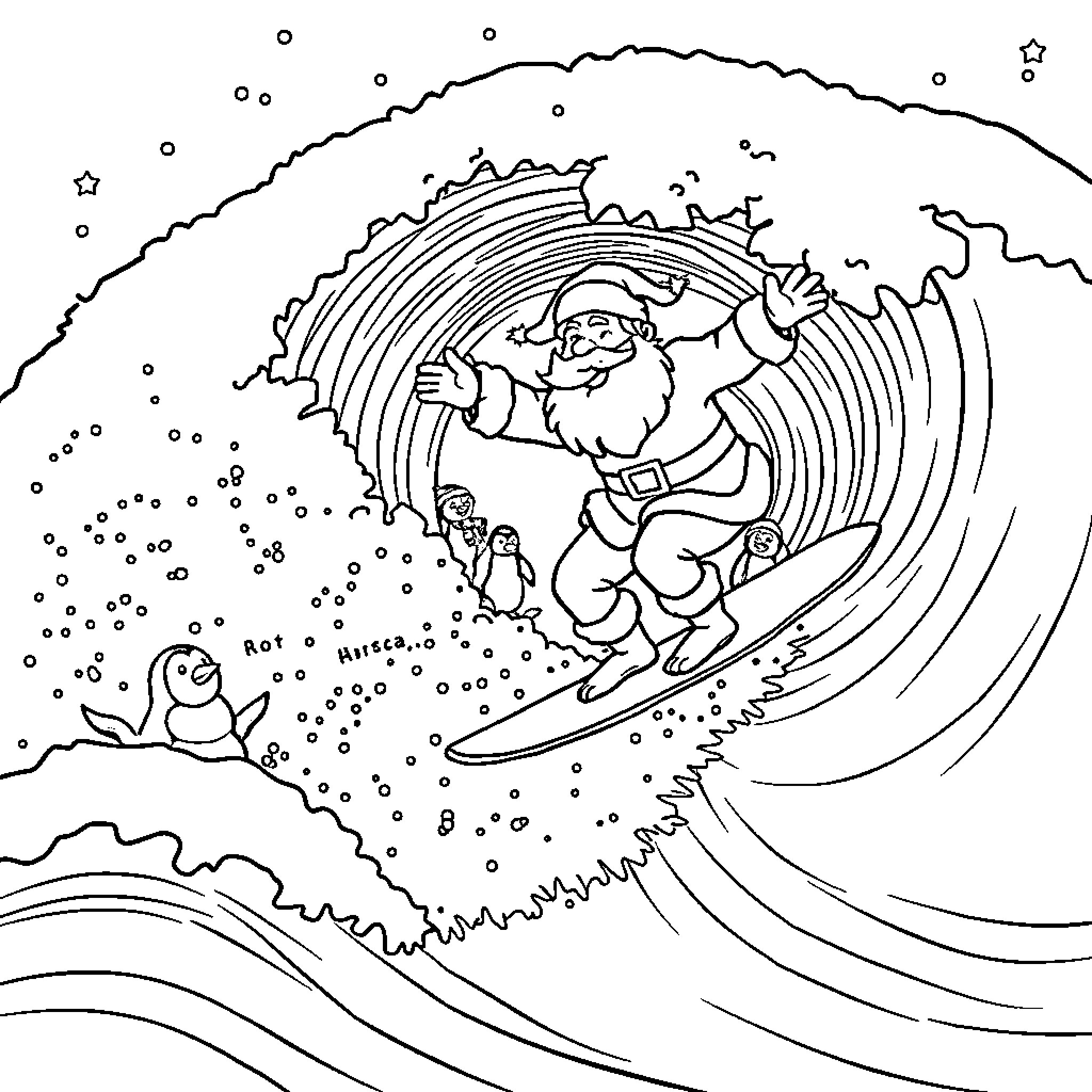 Santa surfing through snowy waves with animal friends Coloring Page (free black-and-white line drawing printable PDF for all, from beginners to advanced learners, including children, teens, adults, and seniors)