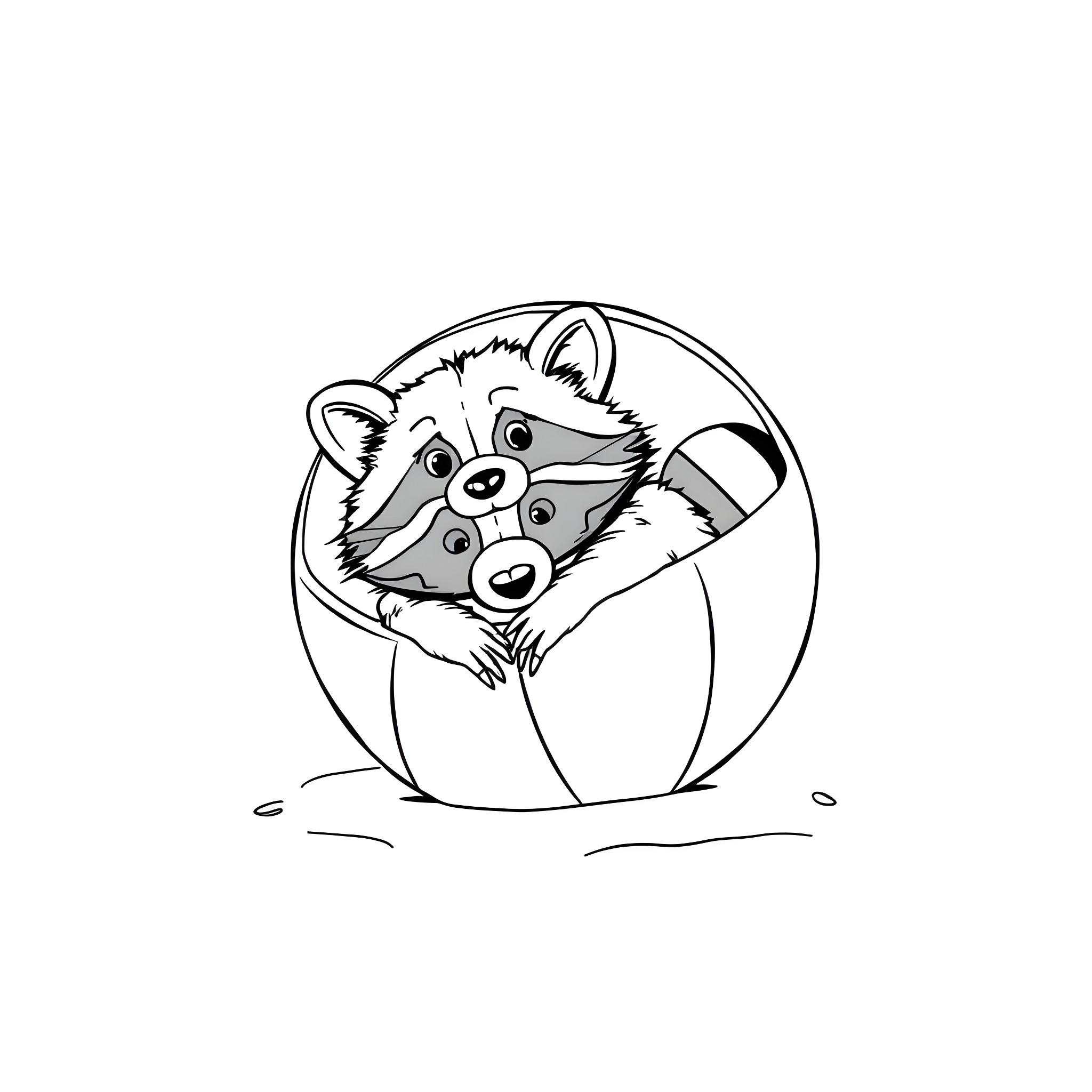 Raccoon playing curiously in a sphere Coloring Page (free black-and-white line drawing printable PDF for all, from beginners to advanced learners, including children, teens, adults, and seniors)