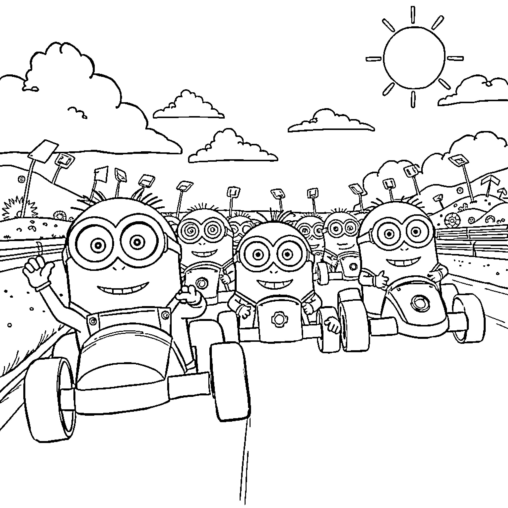 Minions exploring the countryside landscape Coloring Page (free black-and-white line drawing printable PDF for all, from beginners to advanced learners, including children, teens, adults, and seniors)