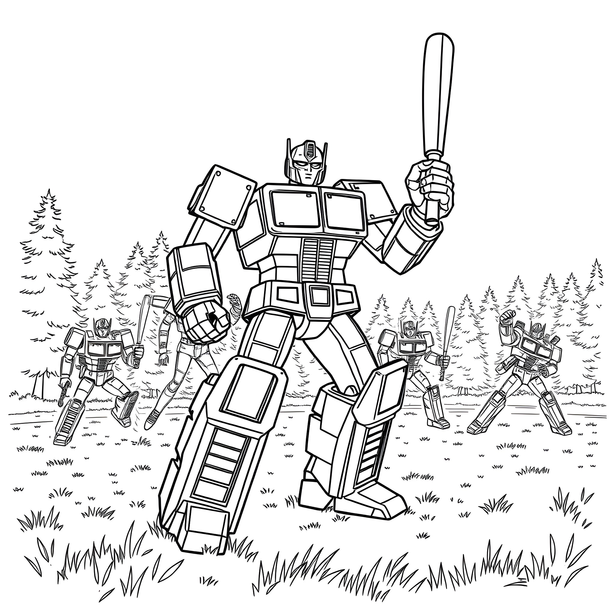 Optimus Prime leading a group of Transformers in action Coloring Page (free black-and-white line drawing printable PDF for all, from beginners to advanced learners, including children, teens, adults, and seniors)