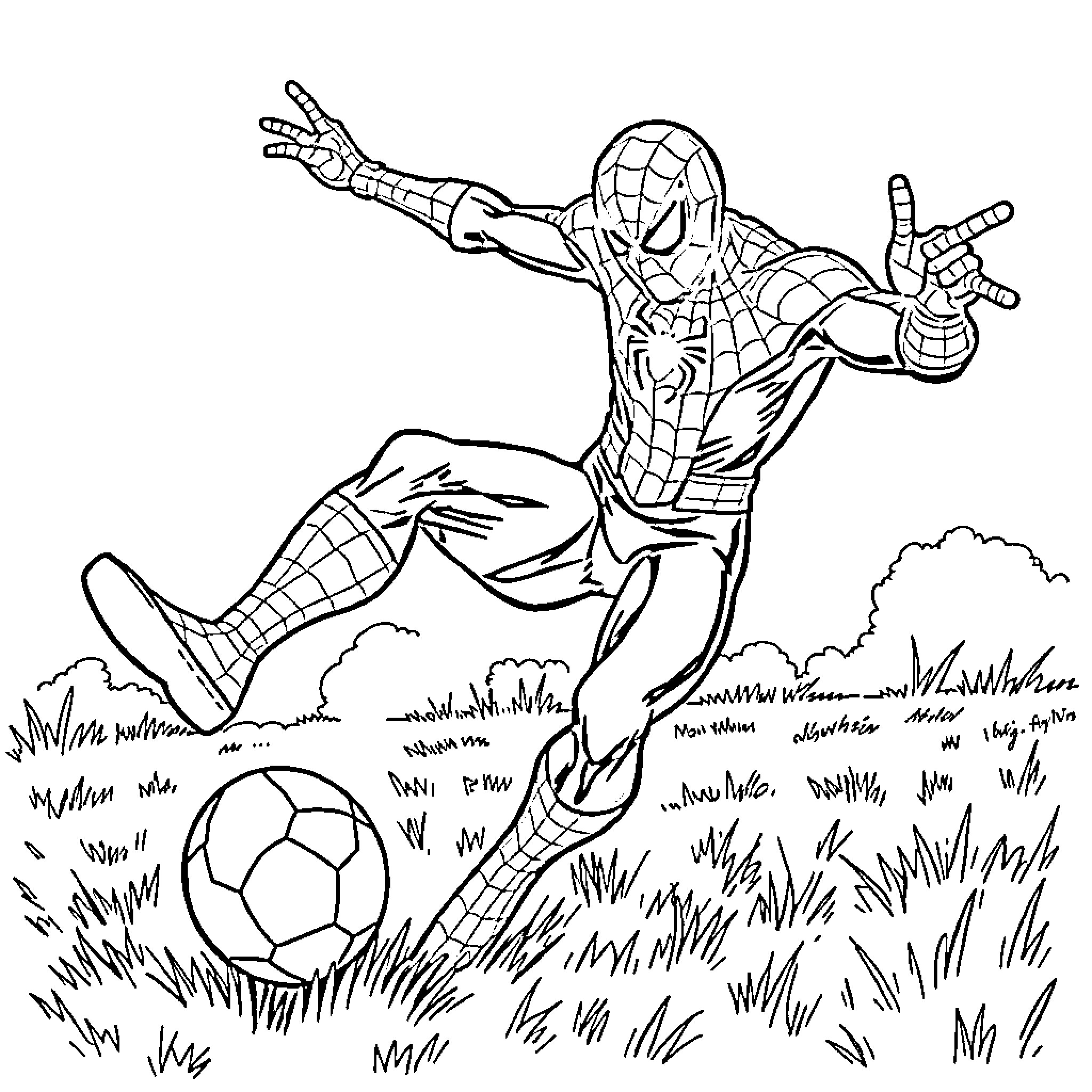 Spiderman kicking a soccer ball in the park Coloring Page (free black-and-white line drawing printable PDF for all, from beginners to advanced learners, including children, teens, adults, and seniors)