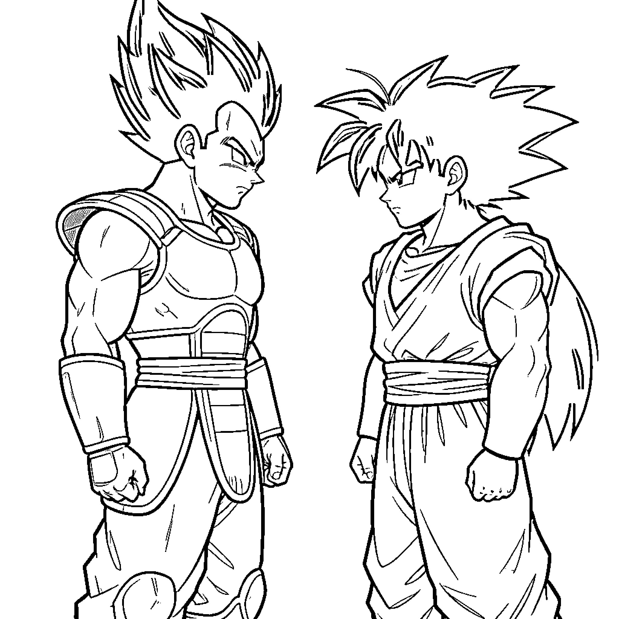 Vegeta standing face to face with Goku in battle stance Coloring Page (free black-and-white line drawing printable PDF for all, from beginners to advanced learners, including children, teens, adults, and seniors)