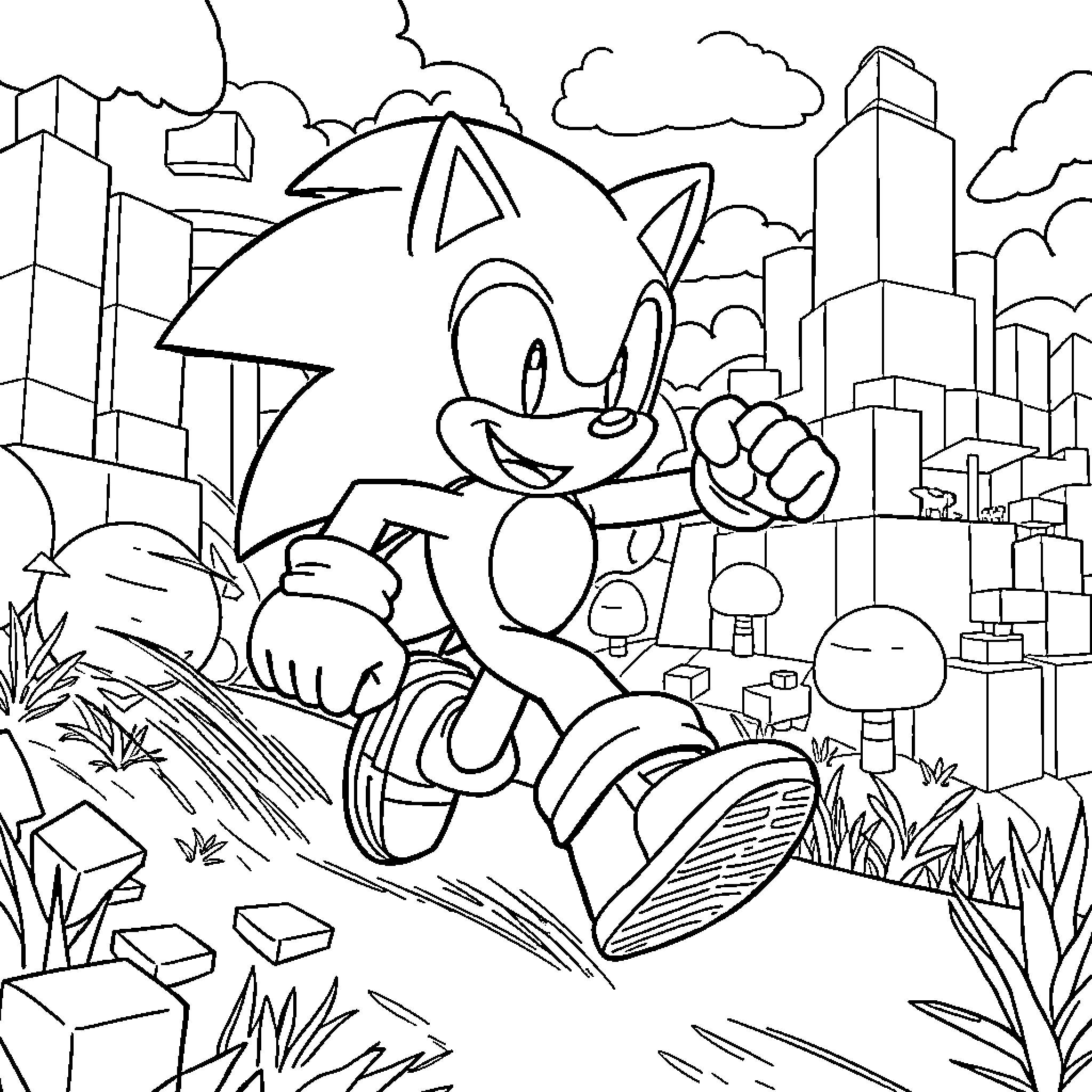 Sonic running through a vibrant urban landscape Coloring Page (free black-and-white line drawing printable PDF for all, from beginners to advanced learners, including children, teens, adults, and seniors)