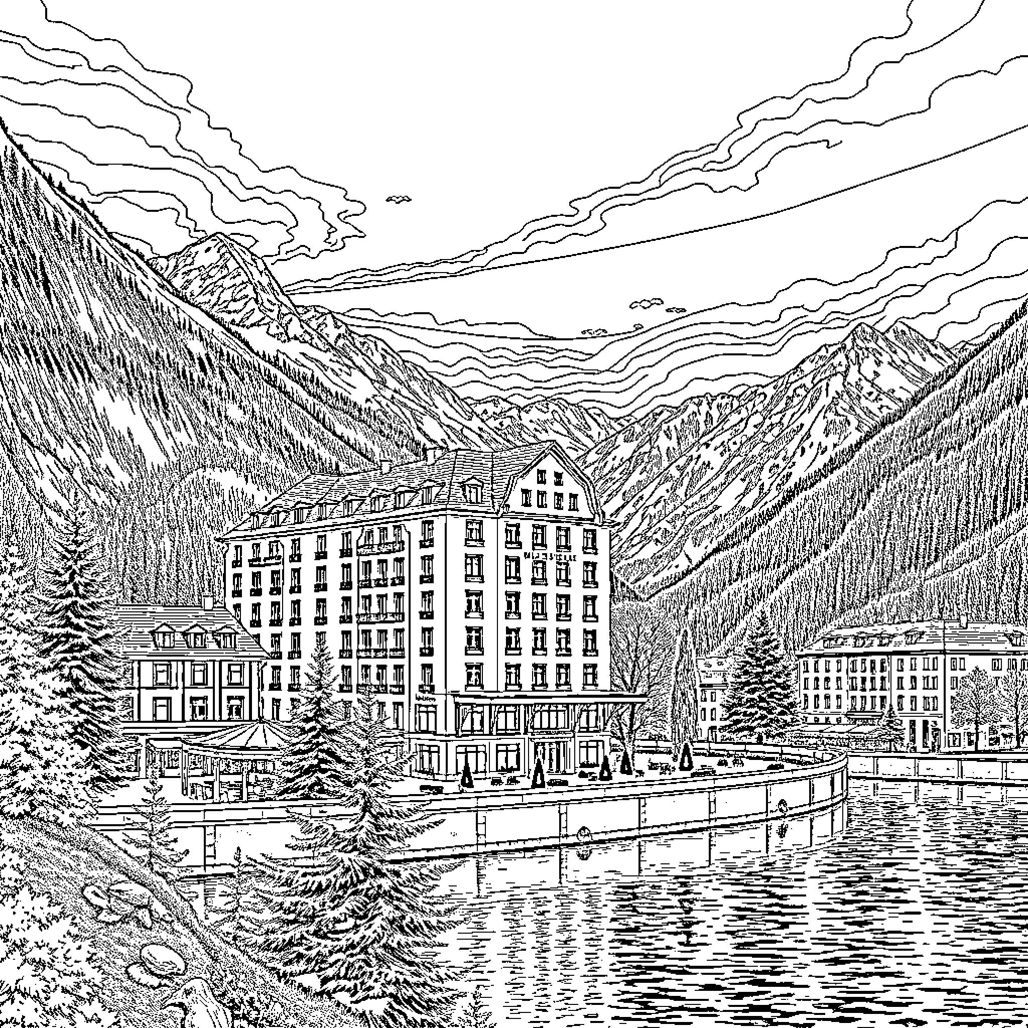 Hotel in Mountainous Landscape with Scenic View Coloring Page (free black-and-white line drawing printable PDF for all, from beginners to advanced learners, including children, teens, adults, and seniors)