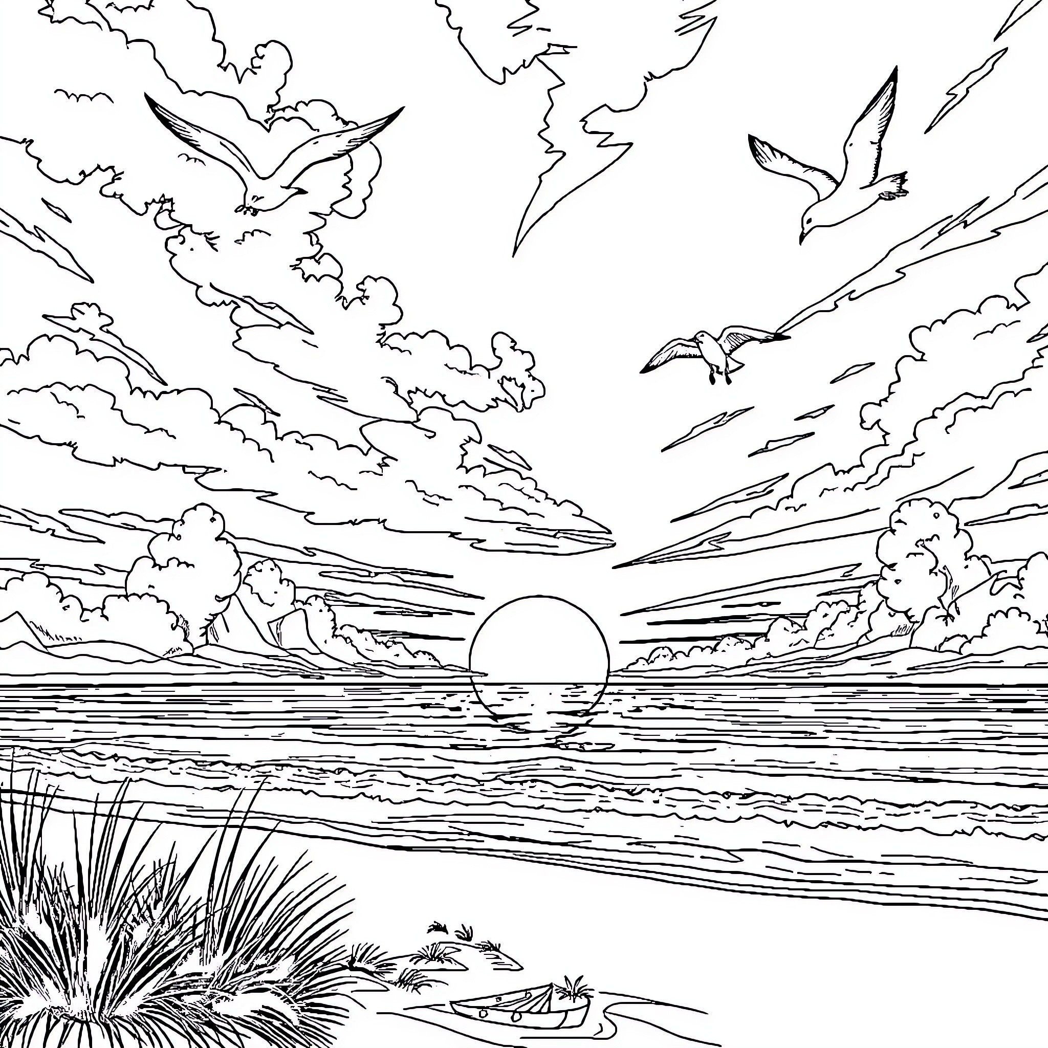 Seagulls soaring in a dramatic coastal sunset Coloring Page (free black-and-white line drawing printable PDF for all, from beginners to advanced learners, including children, teens, adults, and seniors)