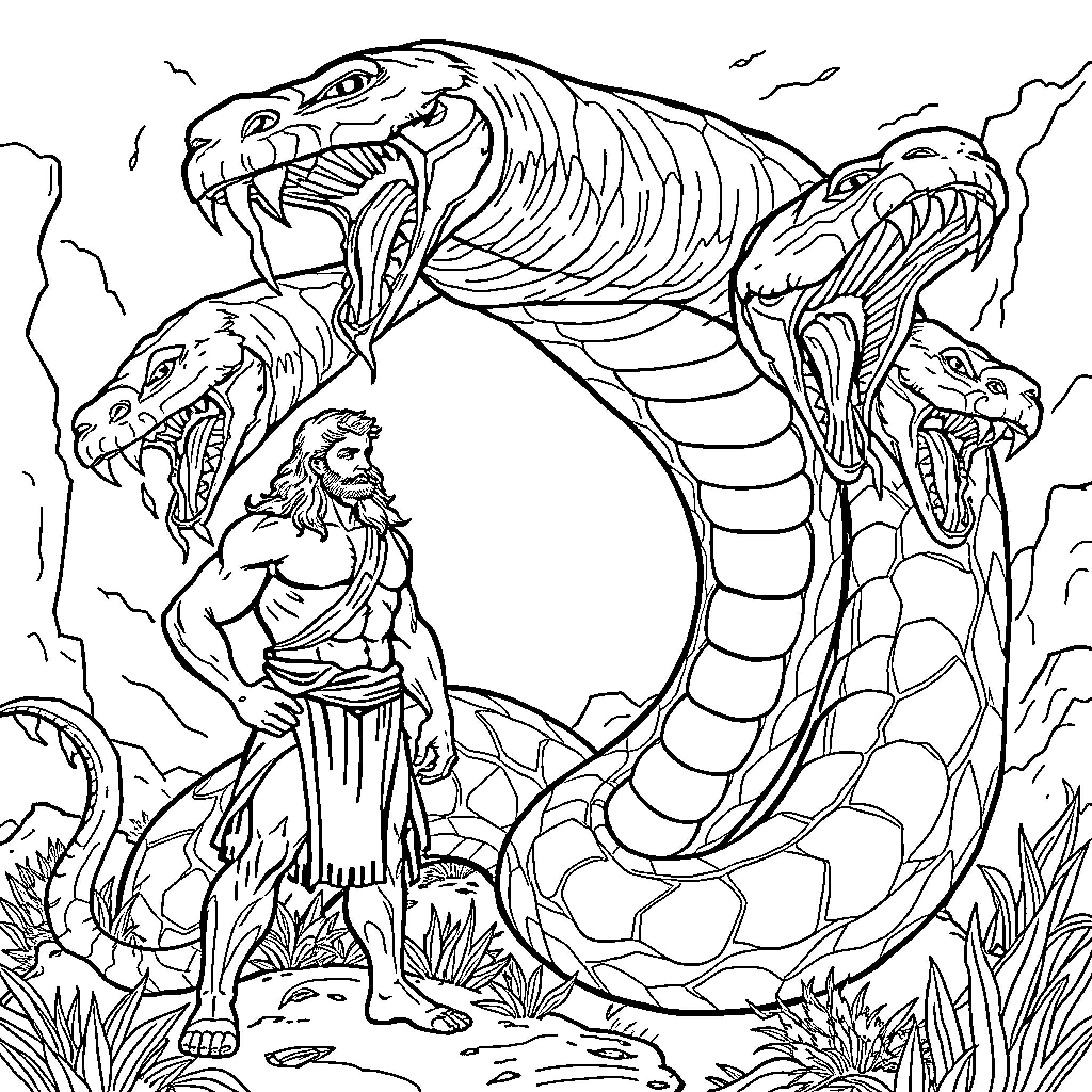 Hercules battling the fearsome serpents Coloring Page (free black-and-white line drawing printable PDF for all, from beginners to advanced learners, including children, teens, adults, and seniors)