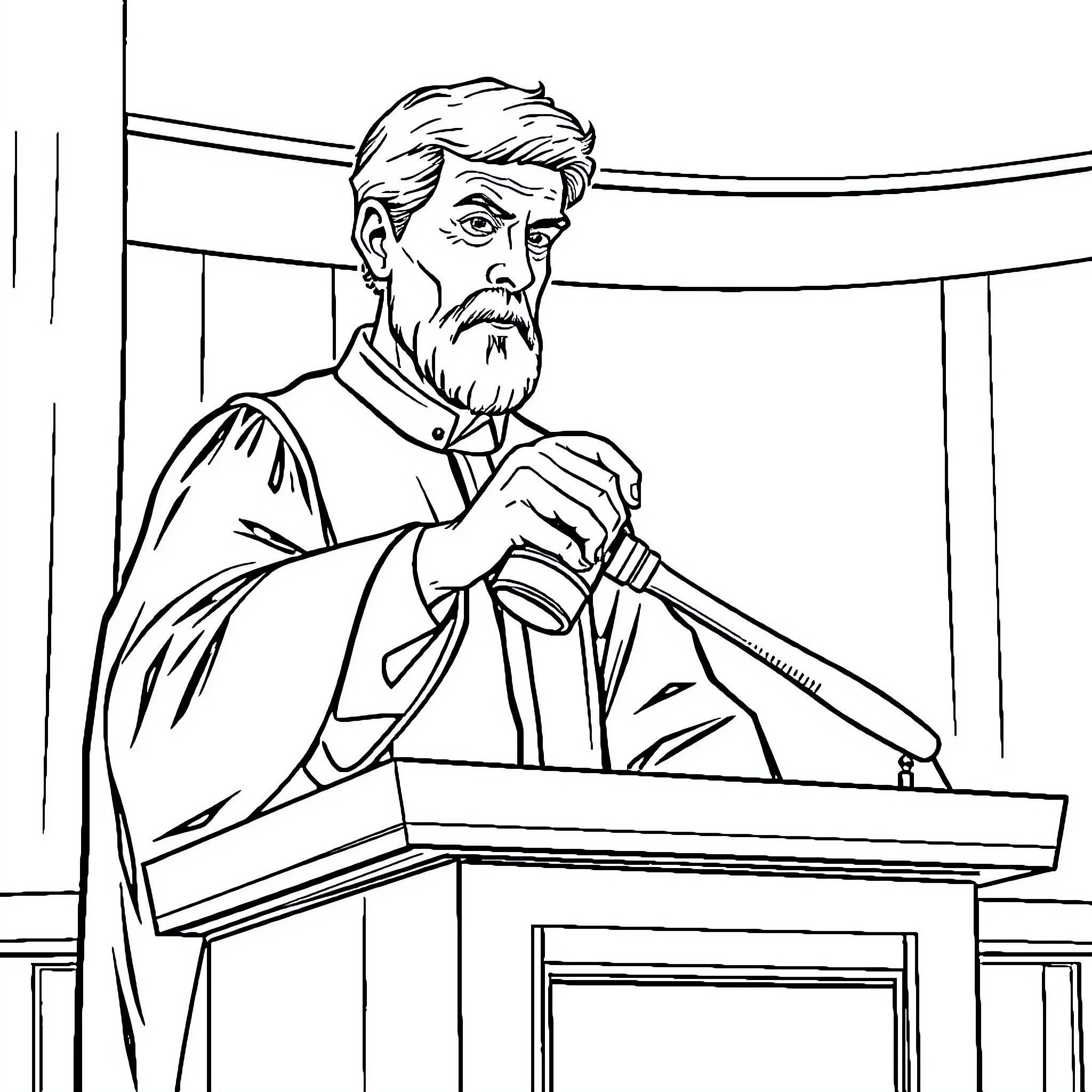 Judge Presiding Over Court Proceedings Coloring Page (free black-and-white line drawing printable PDF for all, from beginners to advanced learners, including children, teens, adults, and seniors)