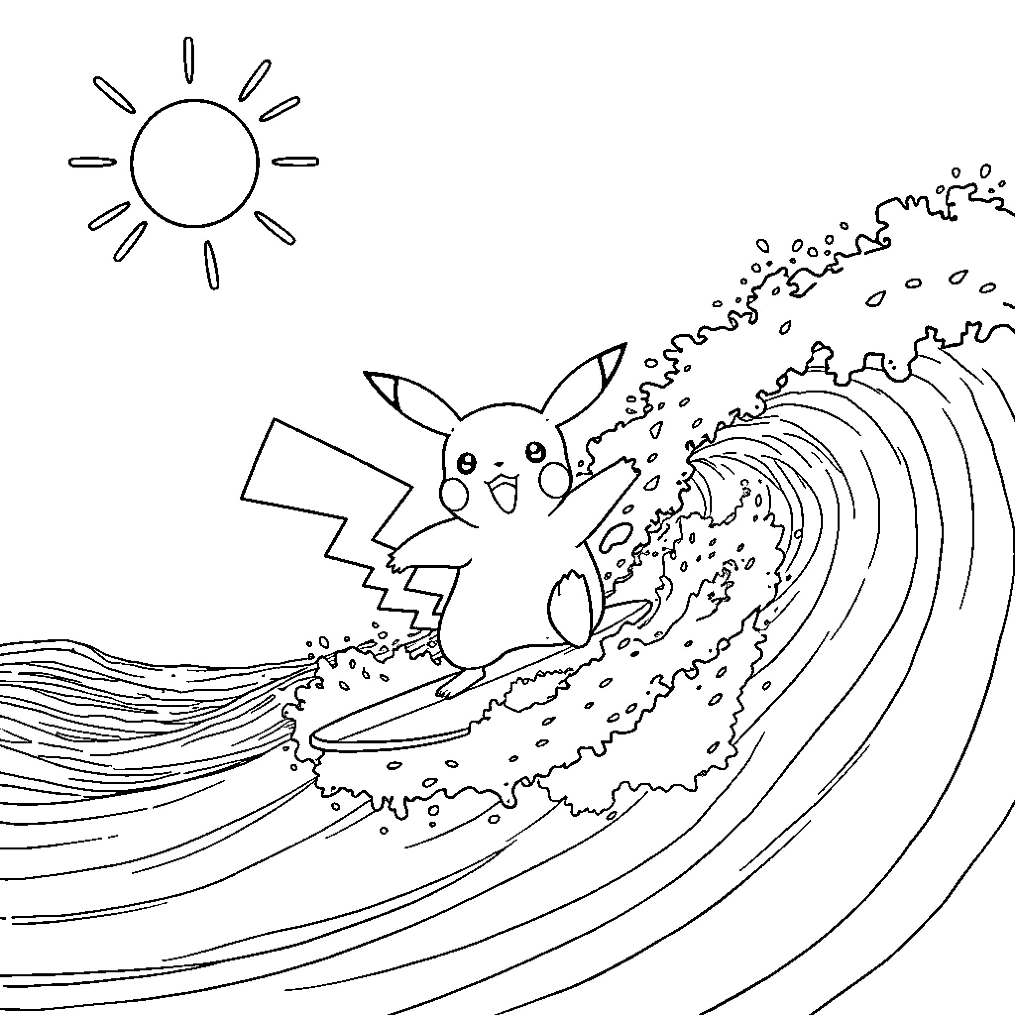 Pikachu surfing on giant wave Coloring Page (free black-and-white line drawing printable PDF for all, from beginners to advanced learners, including children, teens, adults, and seniors)