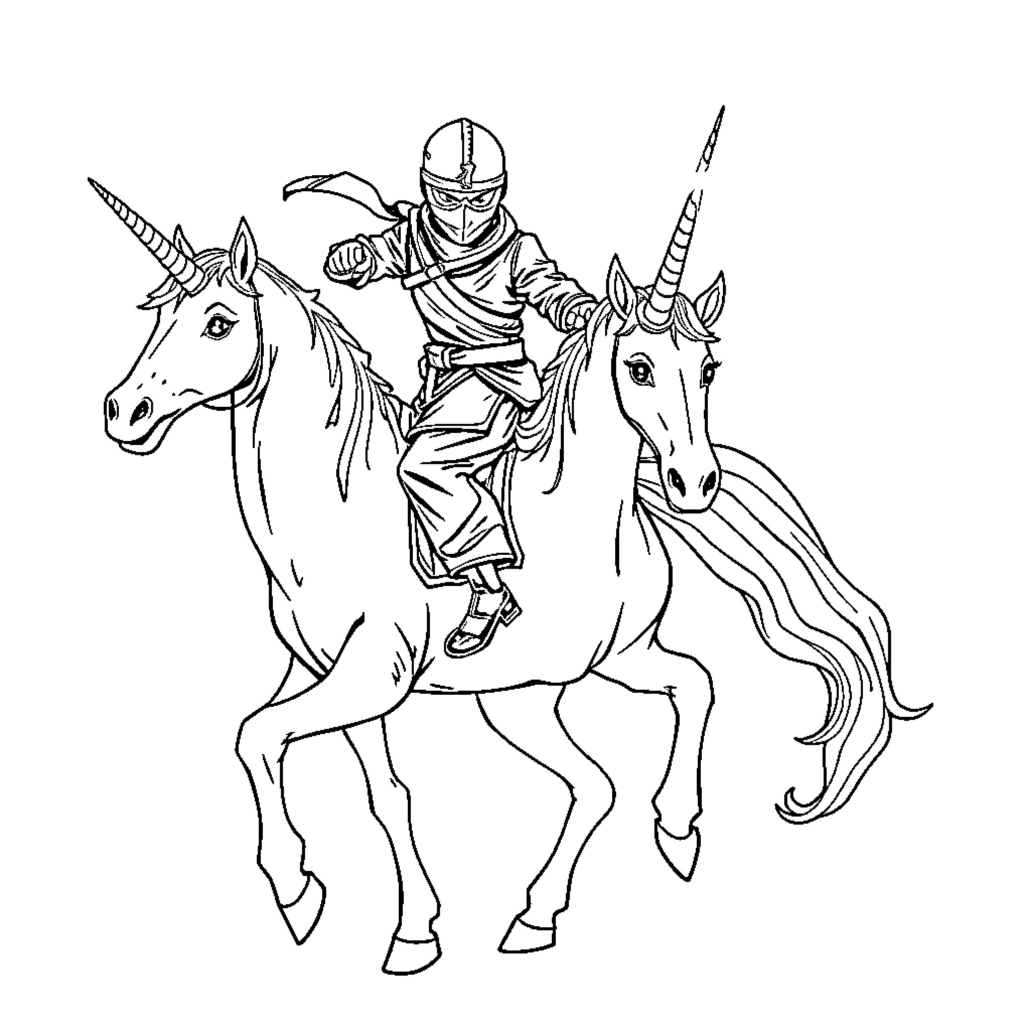 Ninja Warrior Riding Unicorn Steeds Coloring Page (free black-and-white line drawing printable PDF for all, from beginners to advanced learners, including children, teens, adults, and seniors)