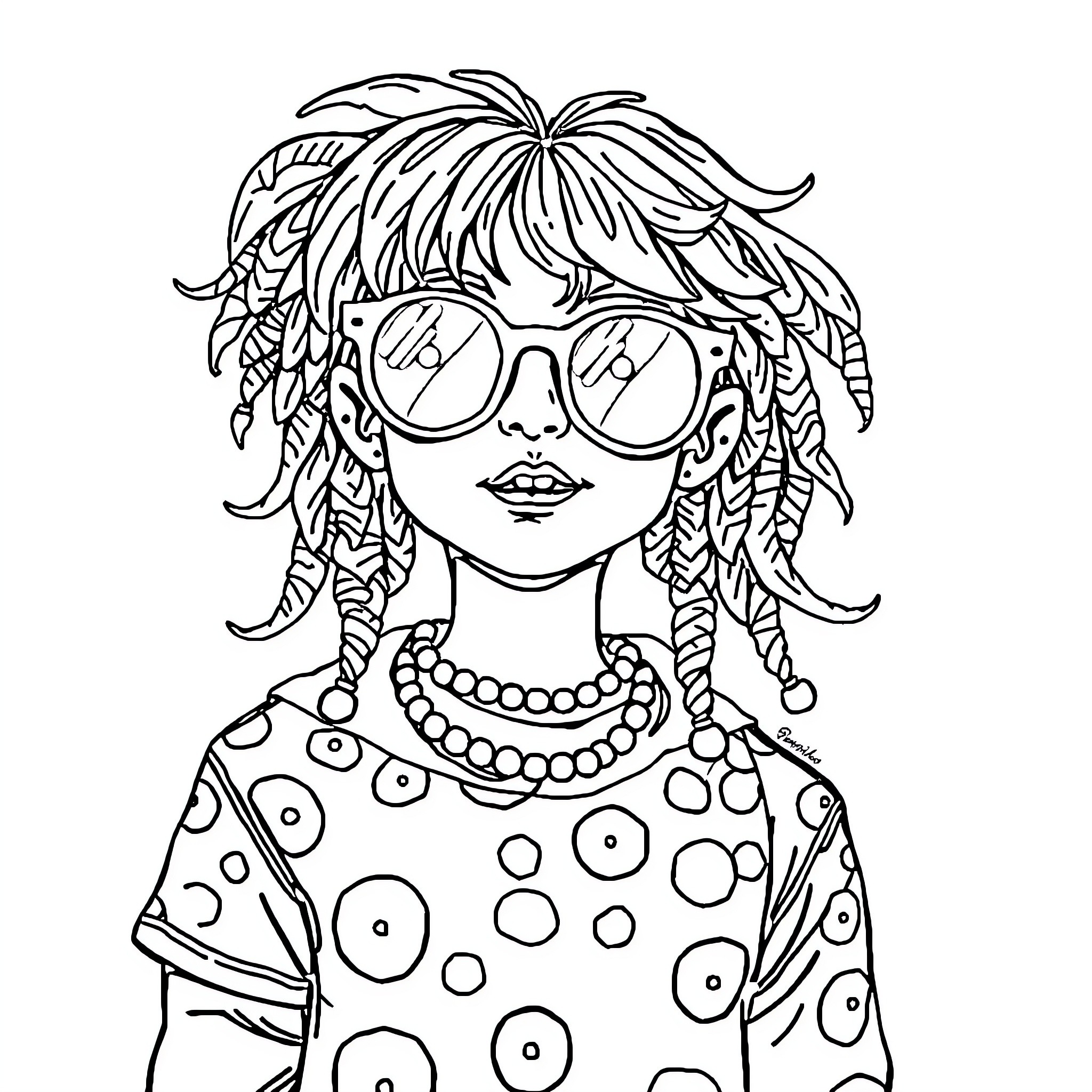 Brat wearing funky glasses and beaded jewelry Coloring Page (free black-and-white line drawing printable PDF for all, from beginners to advanced learners, including children, teens, adults, and seniors)