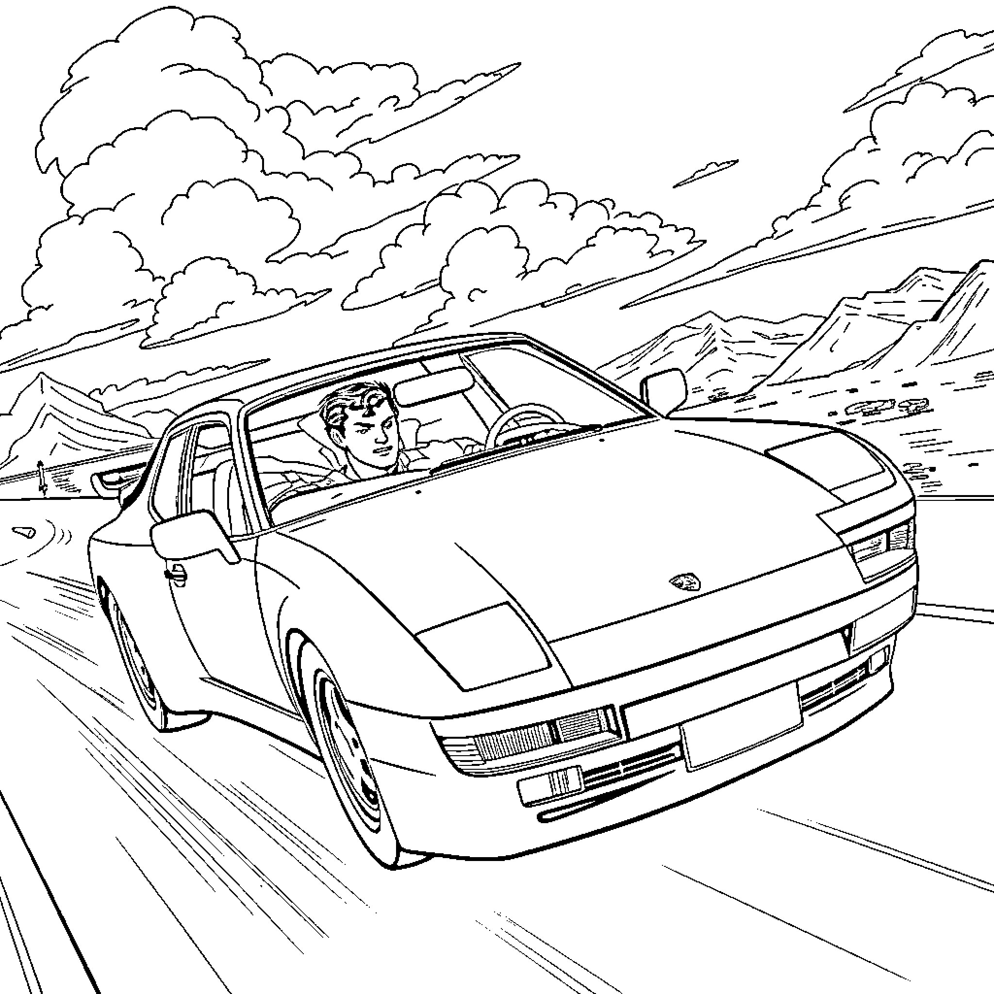 Superman driving sports car through mountain landscape Coloring Page (free black-and-white line drawing printable PDF for all, from beginners to advanced learners, including children, teens, adults, and seniors)