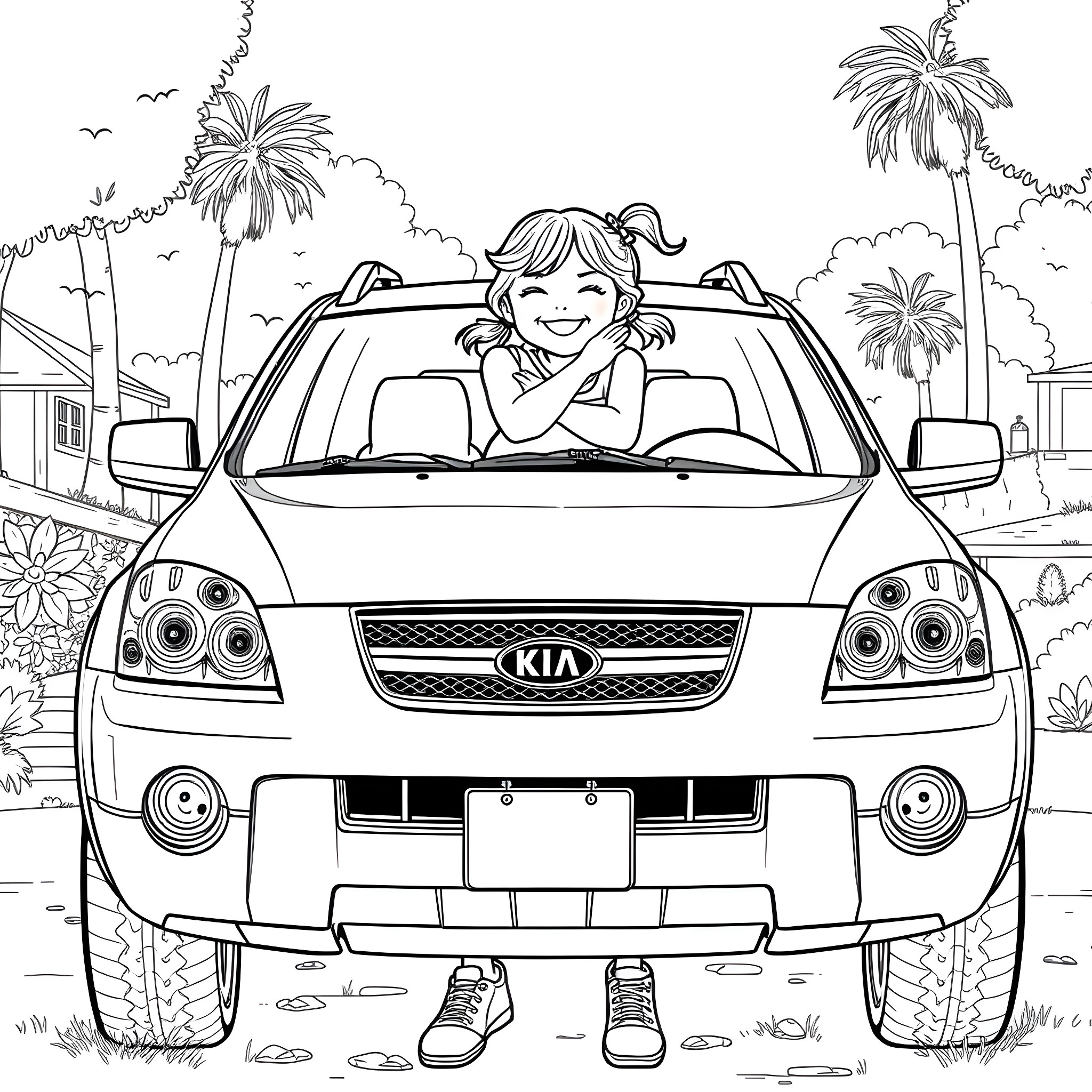 Kia Sorento SUV with a smiling girl driver Coloring Page (free black-and-white line drawing printable PDF for all, from beginners to advanced learners, including children, teens, adults, and seniors)