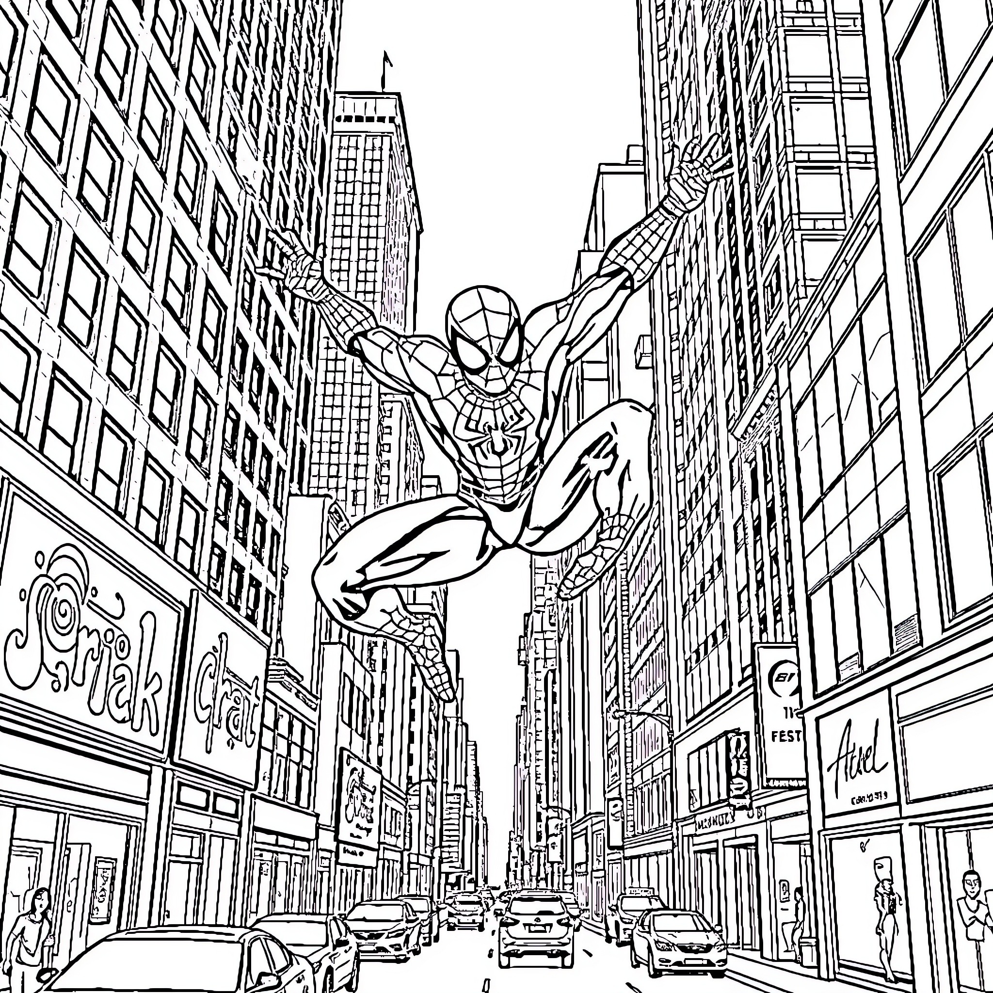 Spiderman swinging through the city streets Coloring Page (free black-and-white line drawing printable PDF for all, from beginners to advanced learners, including children, teens, adults, and seniors)