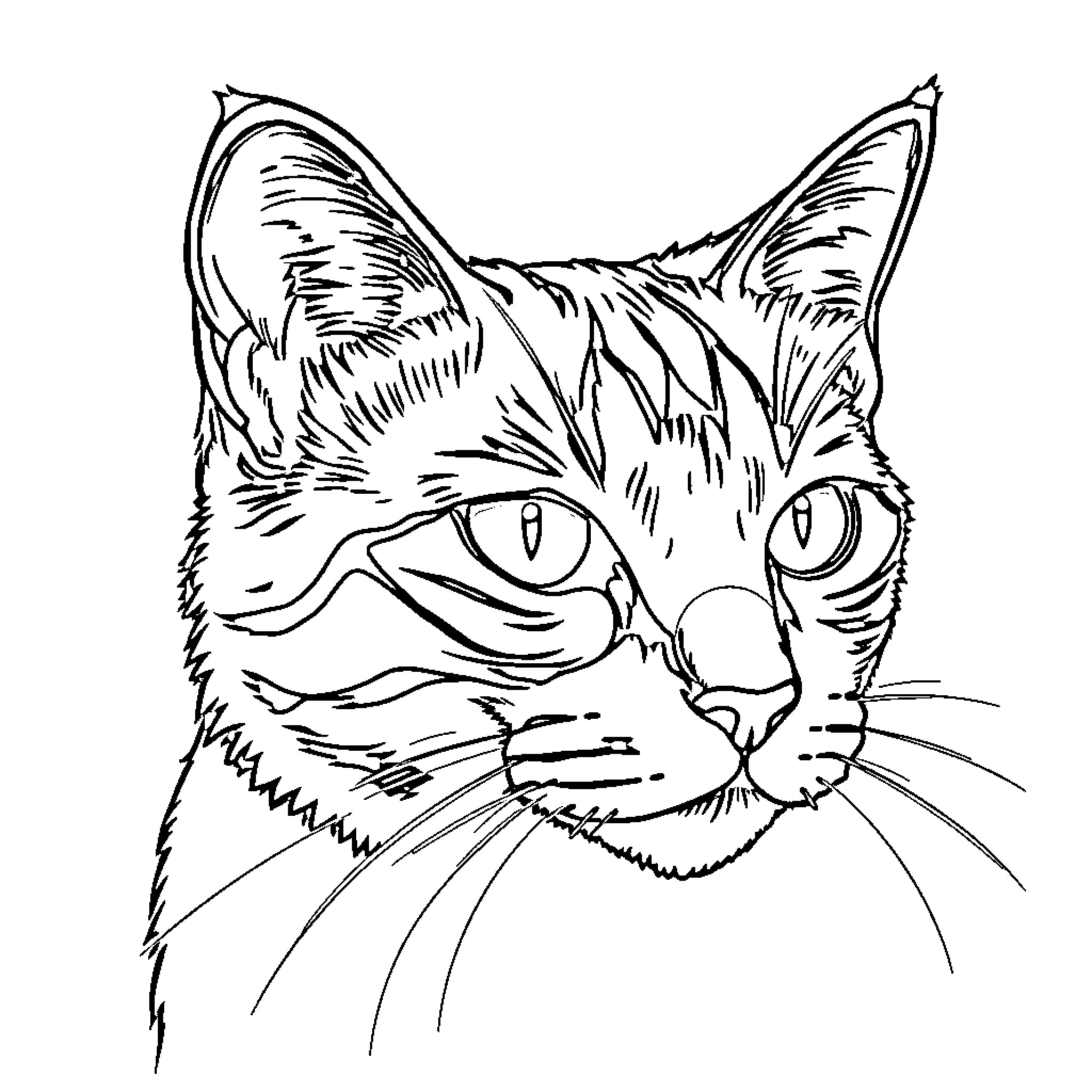 Katseye Curious Cat Looking Intently Coloring Page (free black-and-white line drawing printable PDF for all, from beginners to advanced learners, including children, teens, adults, and seniors)