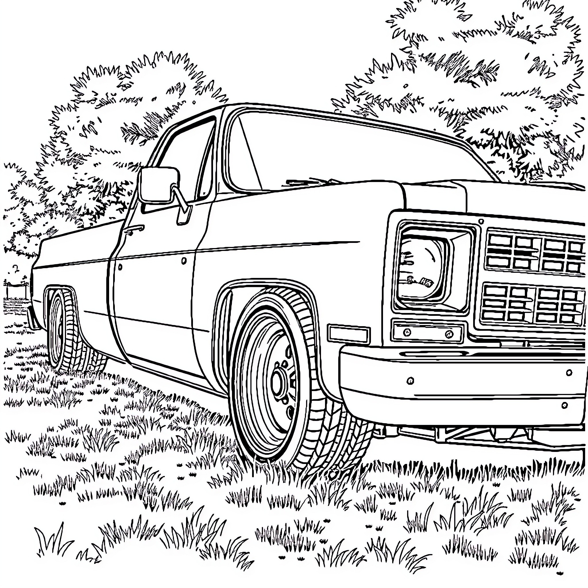 Chevy truck parked in scenic outdoor setting Coloring Page (free black-and-white line drawing printable PDF for all, from beginners to advanced learners, including children, teens, adults, and seniors)