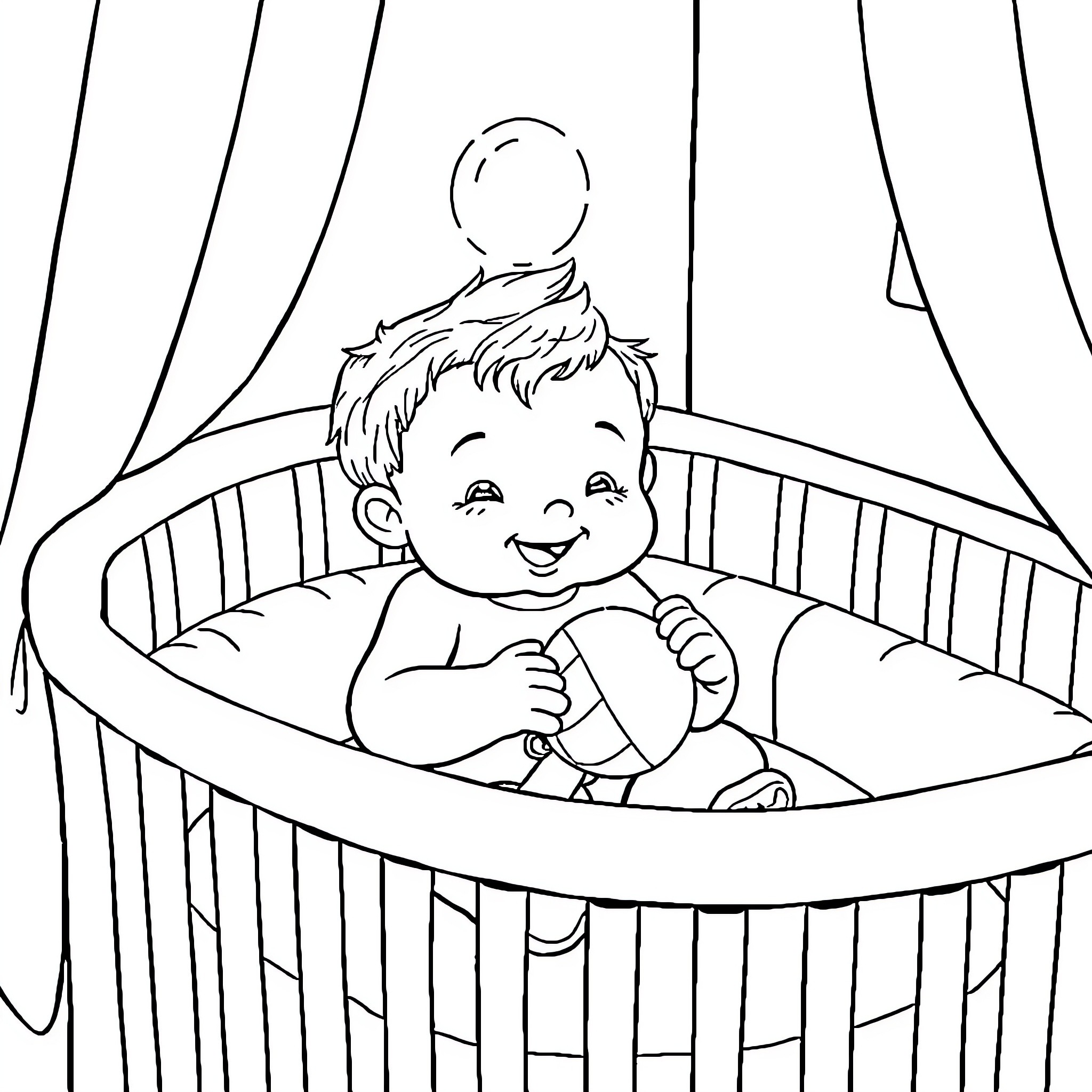 Baby playing happily in the crib Coloring Page (free black-and-white line drawing printable PDF for all, from beginners to advanced learners, including children, teens, adults, and seniors)