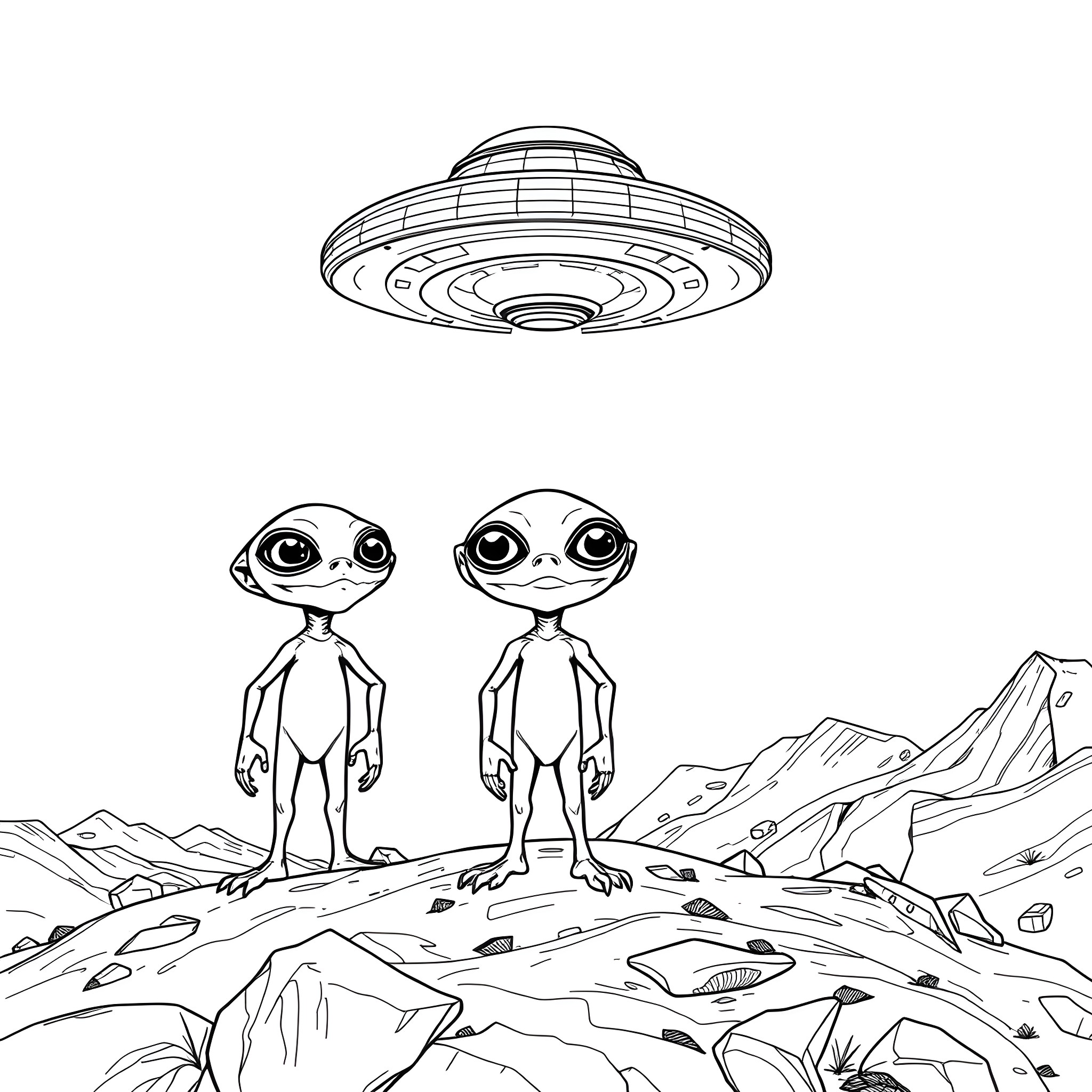 Three-eyed Alien Visitors Explore Desolate Landscape Coloring Page (free black-and-white line drawing printable PDF for all, from beginners to advanced learners, including children, teens, adults, and seniors)