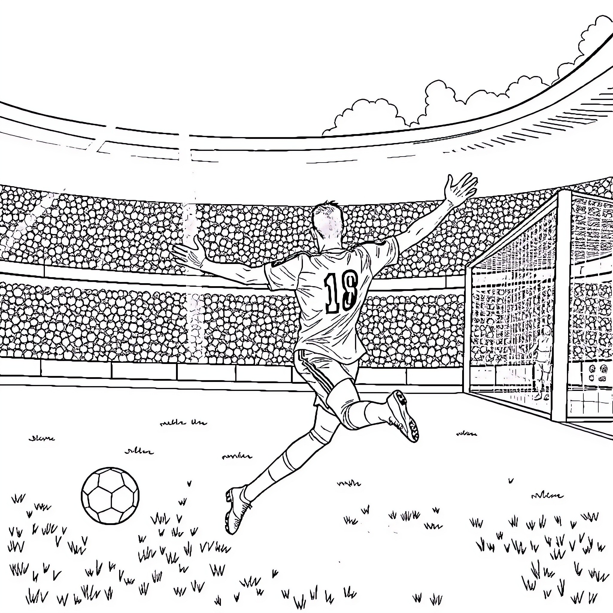 Ronaldo scoring goal on soccer field Coloring Page (free black-and-white line drawing printable PDF for all, from beginners to advanced learners, including children, teens, adults, and seniors)