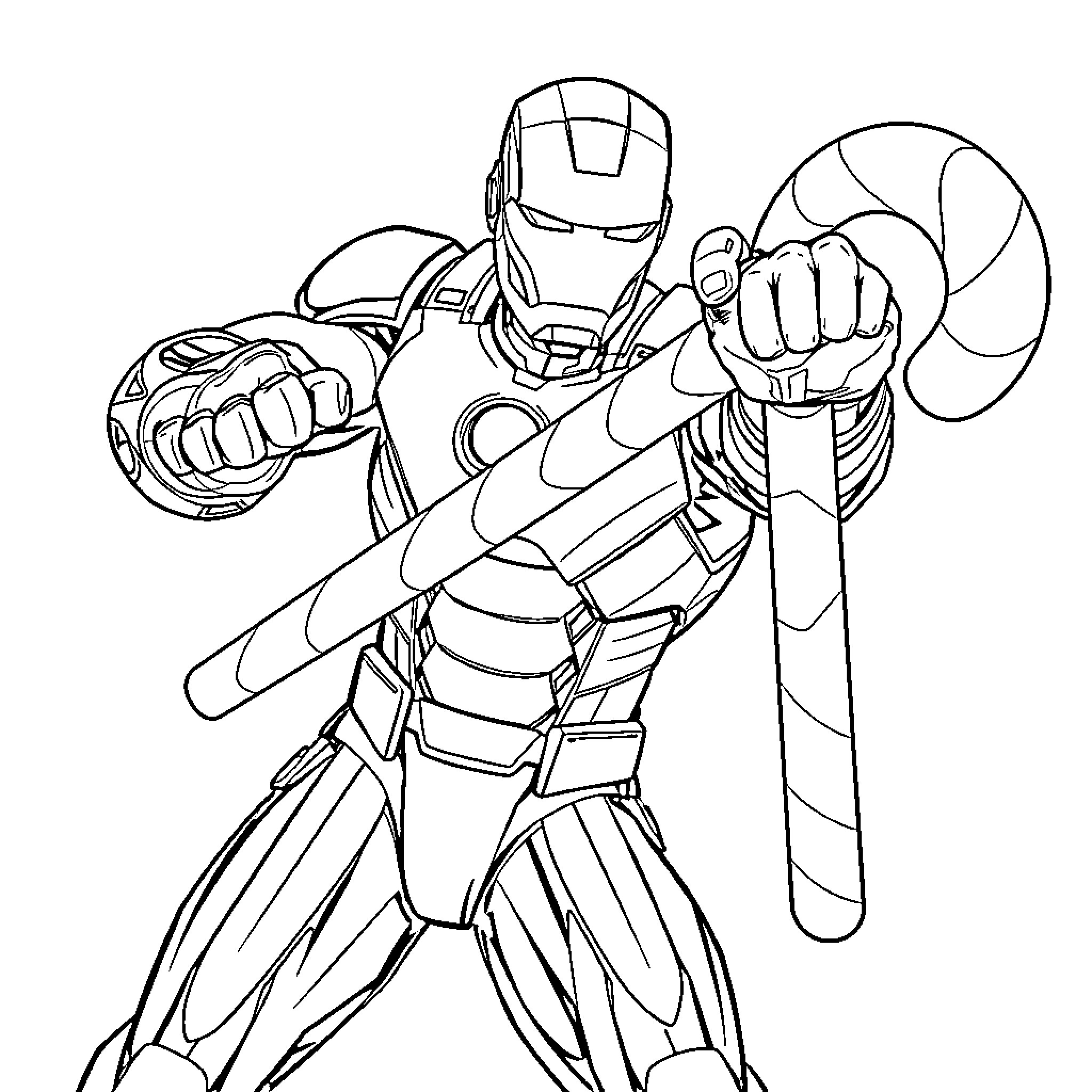 Ironman hero in action with powerful weapons Coloring Page (free black-and-white line drawing printable PDF for all, from beginners to advanced learners, including children, teens, adults, and seniors)