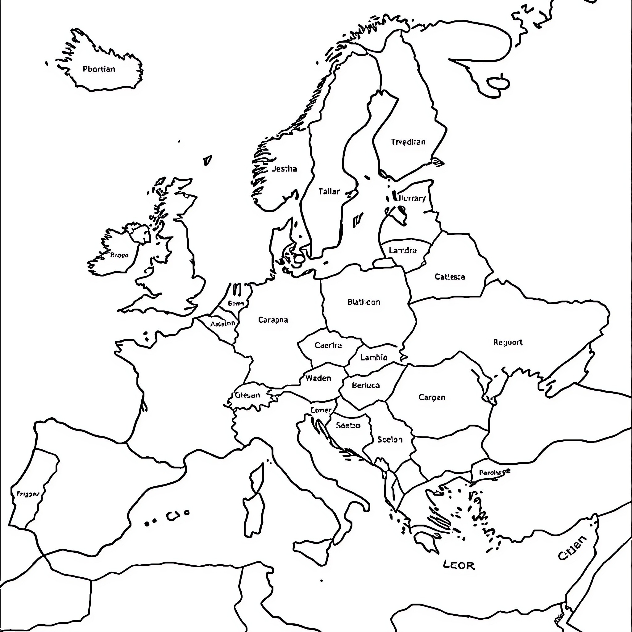 Map of Europe with country names Coloring Page (free black-and-white line drawing printable PDF for all, from beginners to advanced learners, including children, teens, adults, and seniors)