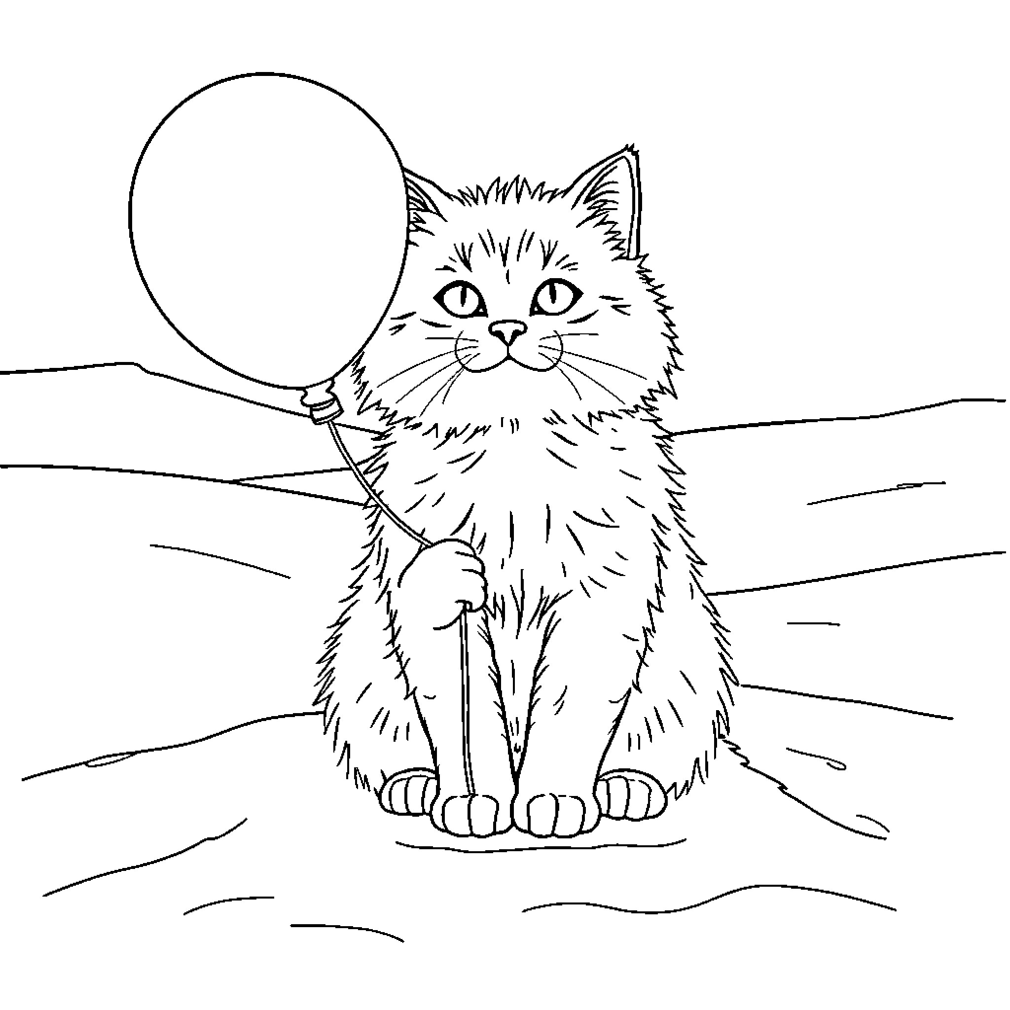 Cat playing with balloon in the field Coloring Page (free black-and-white line drawing printable PDF for all, from beginners to advanced learners, including children, teens, adults, and seniors)