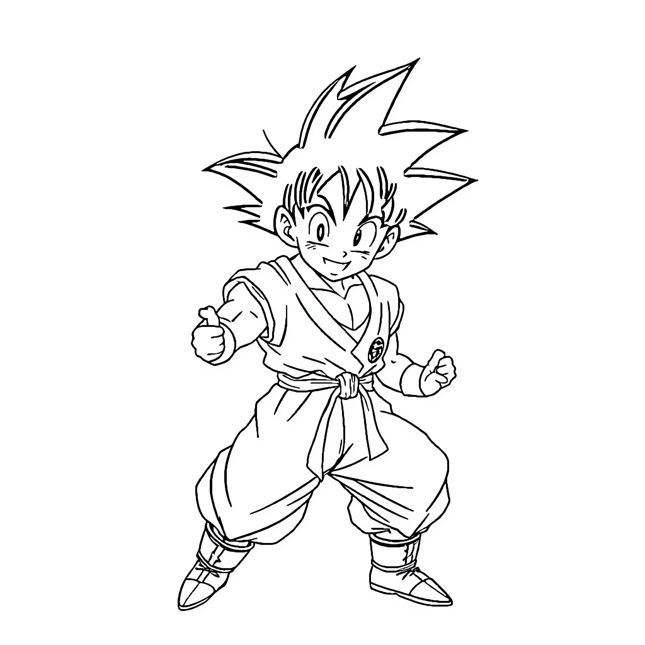 Son Goku's Iconic Martial Arts Pose Coloring Page (free black-and-white line drawing printable PDF for all, from beginners to advanced learners, including children, teens, adults, and seniors)