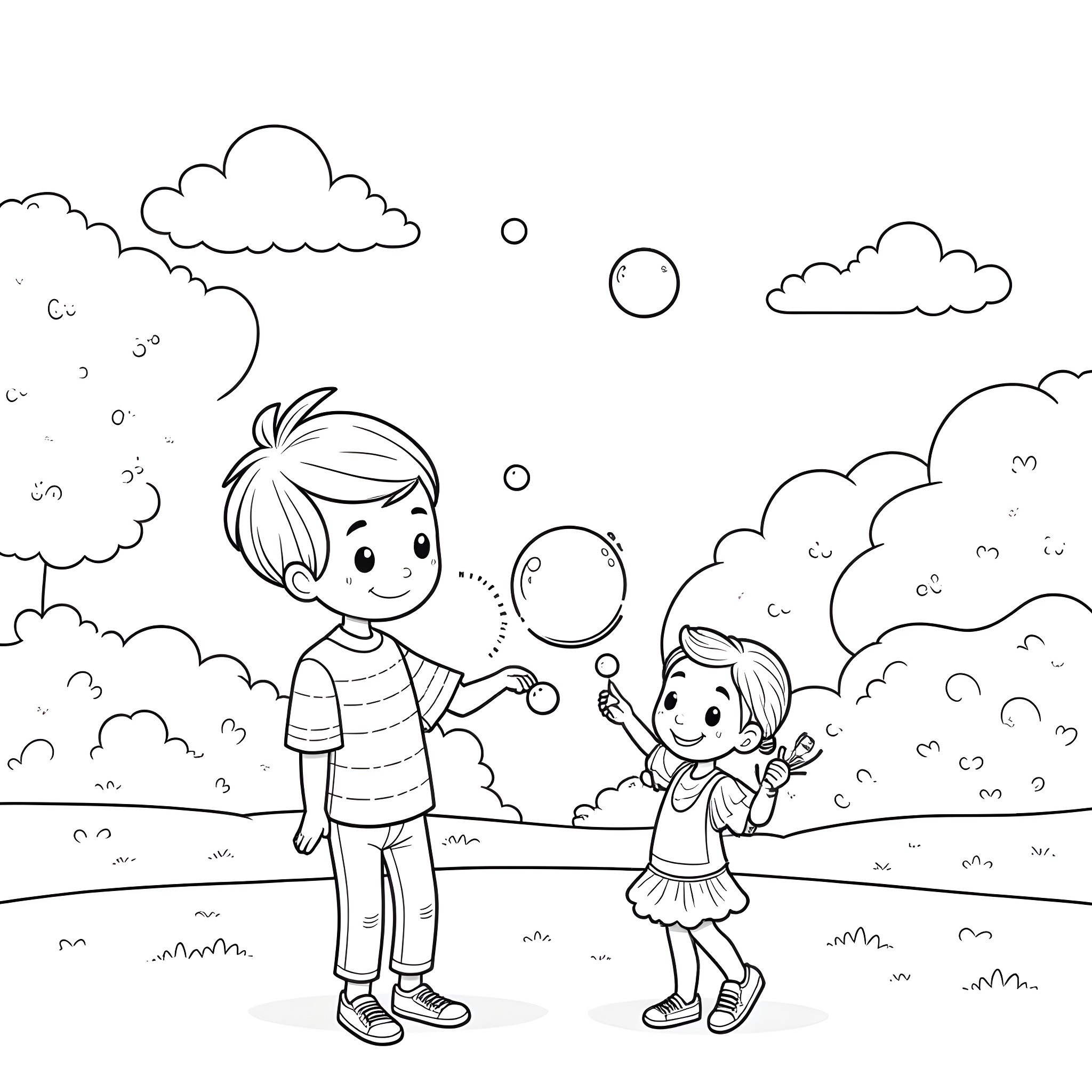 Brother and sister playing with bubbles outdoors Coloring Page (free black-and-white line drawing printable PDF for all, from beginners to advanced learners, including children, teens, adults, and seniors)