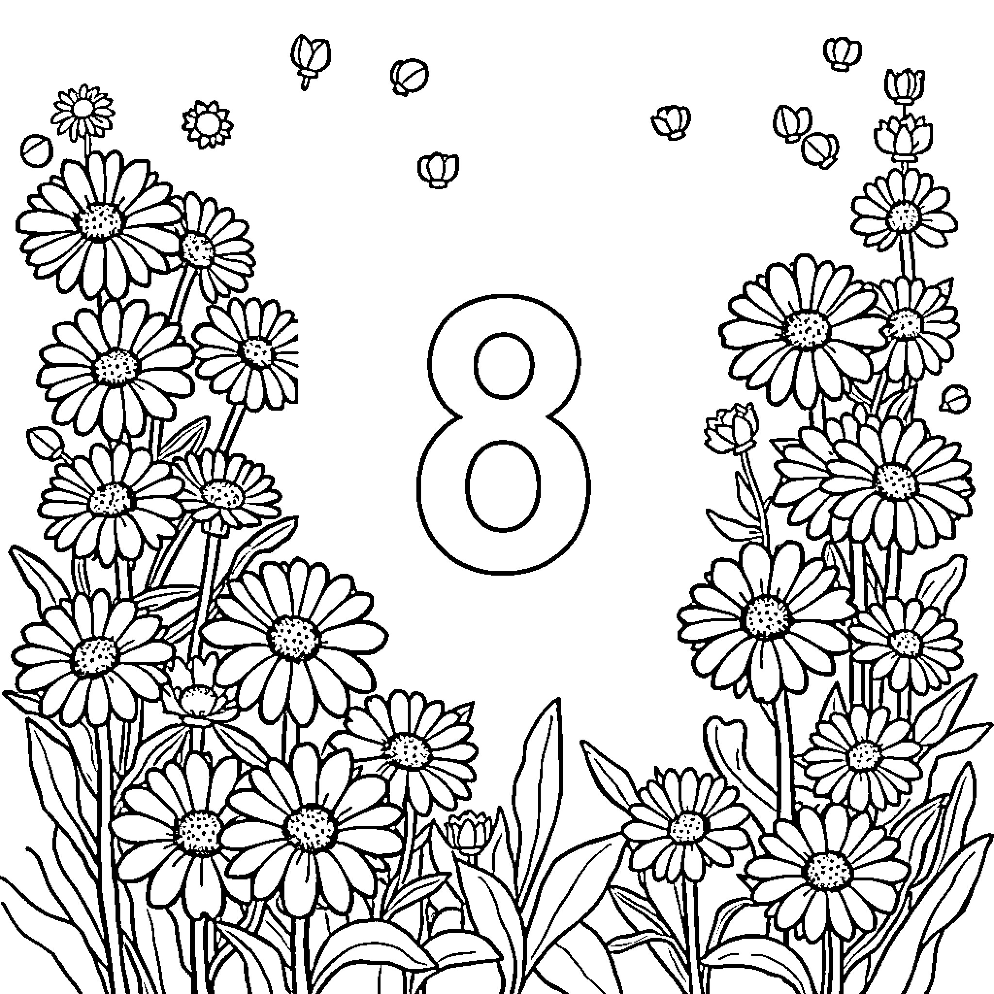 Chrysanthemum flowers in a lush garden scene Coloring Page (free black-and-white line drawing printable PDF for all, from beginners to advanced learners, including children, teens, adults, and seniors)
