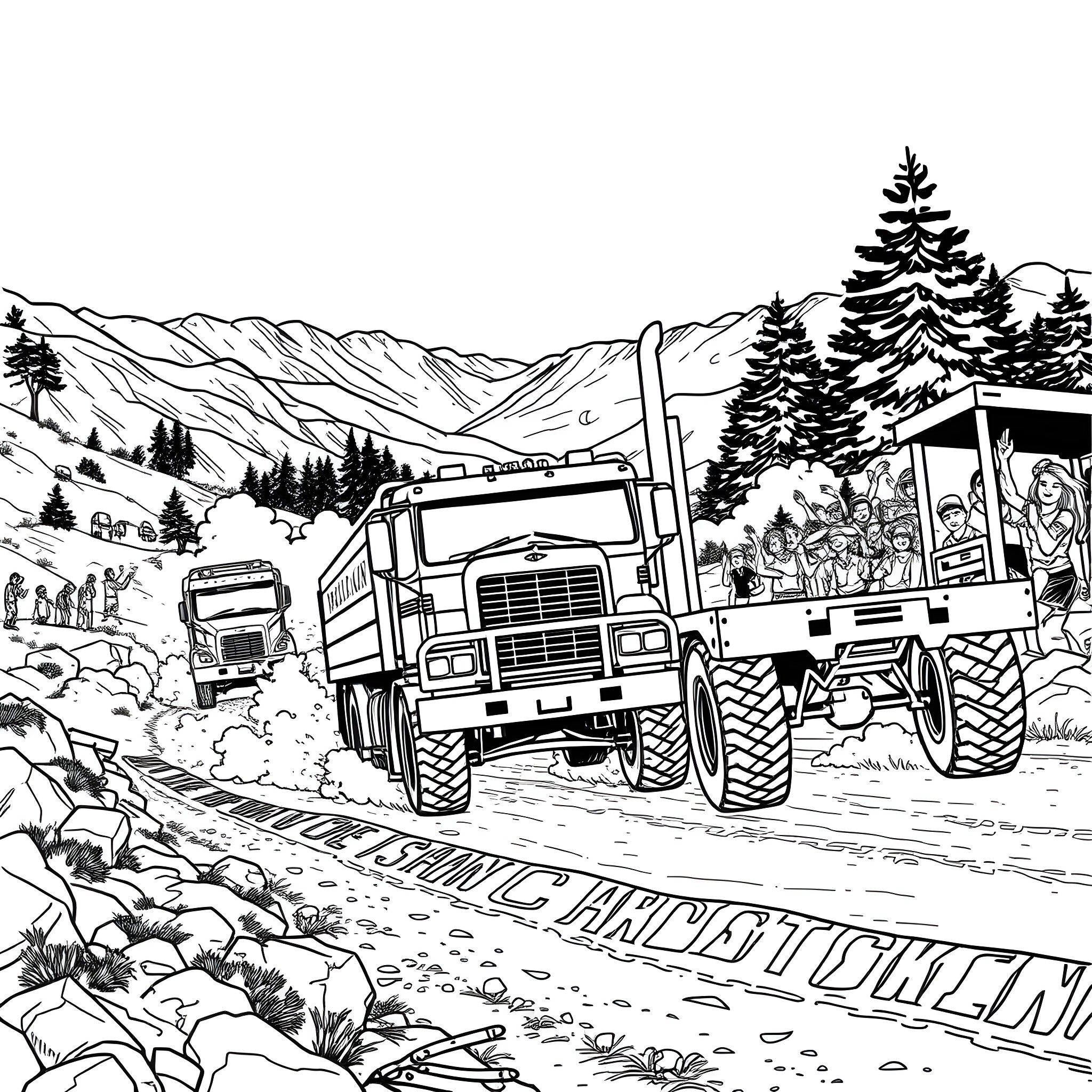 Truck transporting people through snowy mountain landscape Coloring Page (free black-and-white line drawing printable PDF for all, from beginners to advanced learners, including children, teens, adults, and seniors)